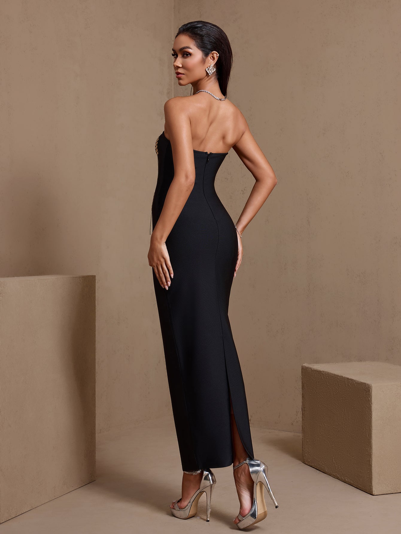 Black crystal wheat strapless bandage maxi dress, rear view