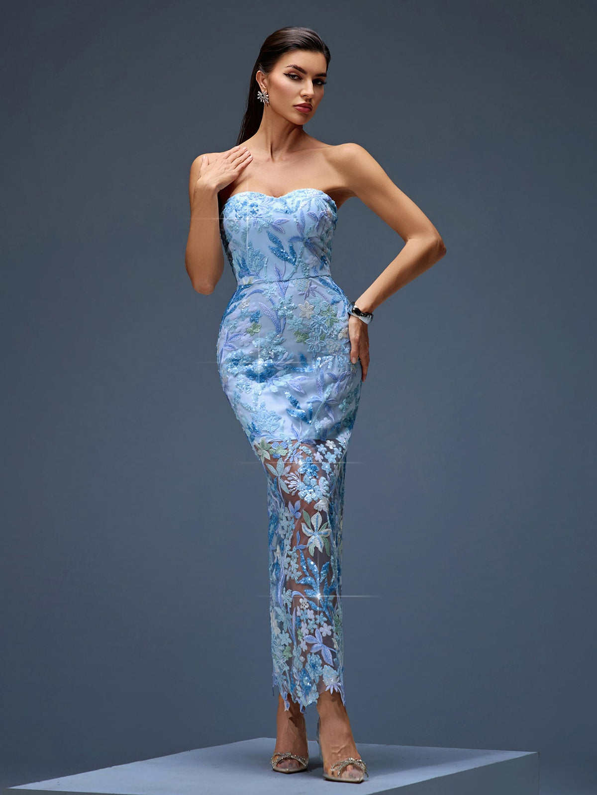 Dahlia Floral Sequin Bustier Maxi Dress, front view