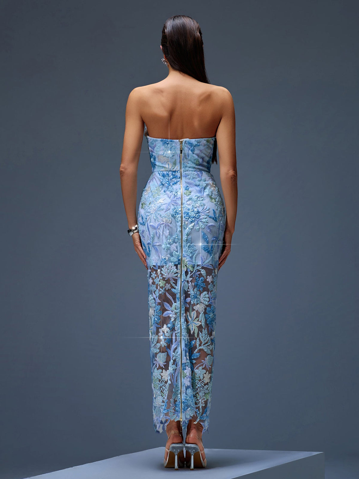 Dahlia Floral Sequin Bustier Maxi Dress, front full-length view