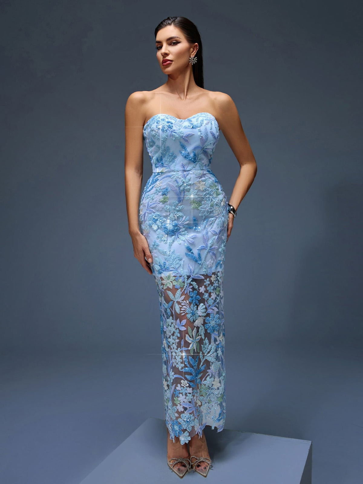 Dahlia Floral Sequin Bustier Maxi Dress, back detail view