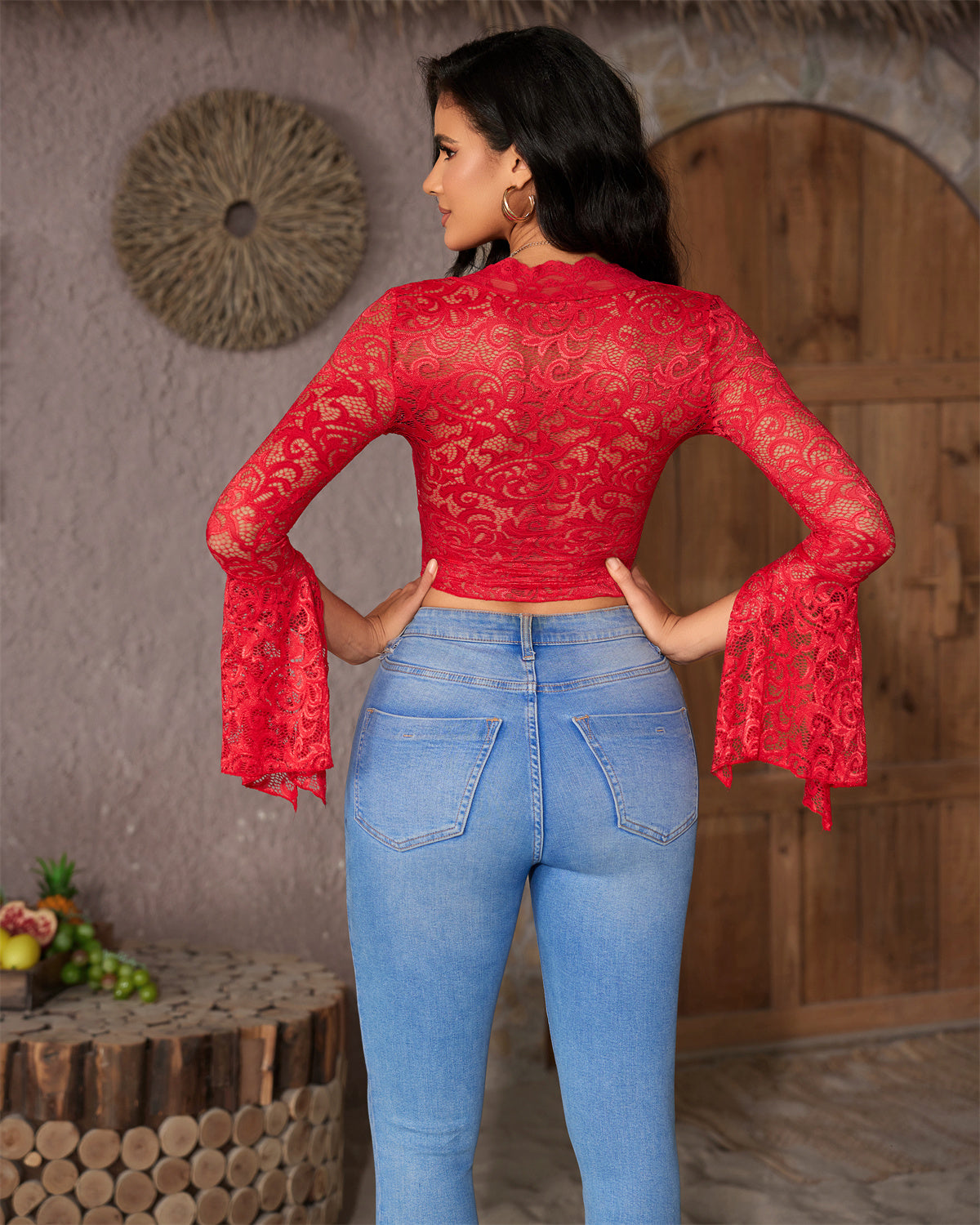 Red lace bell-sleeve top, back view