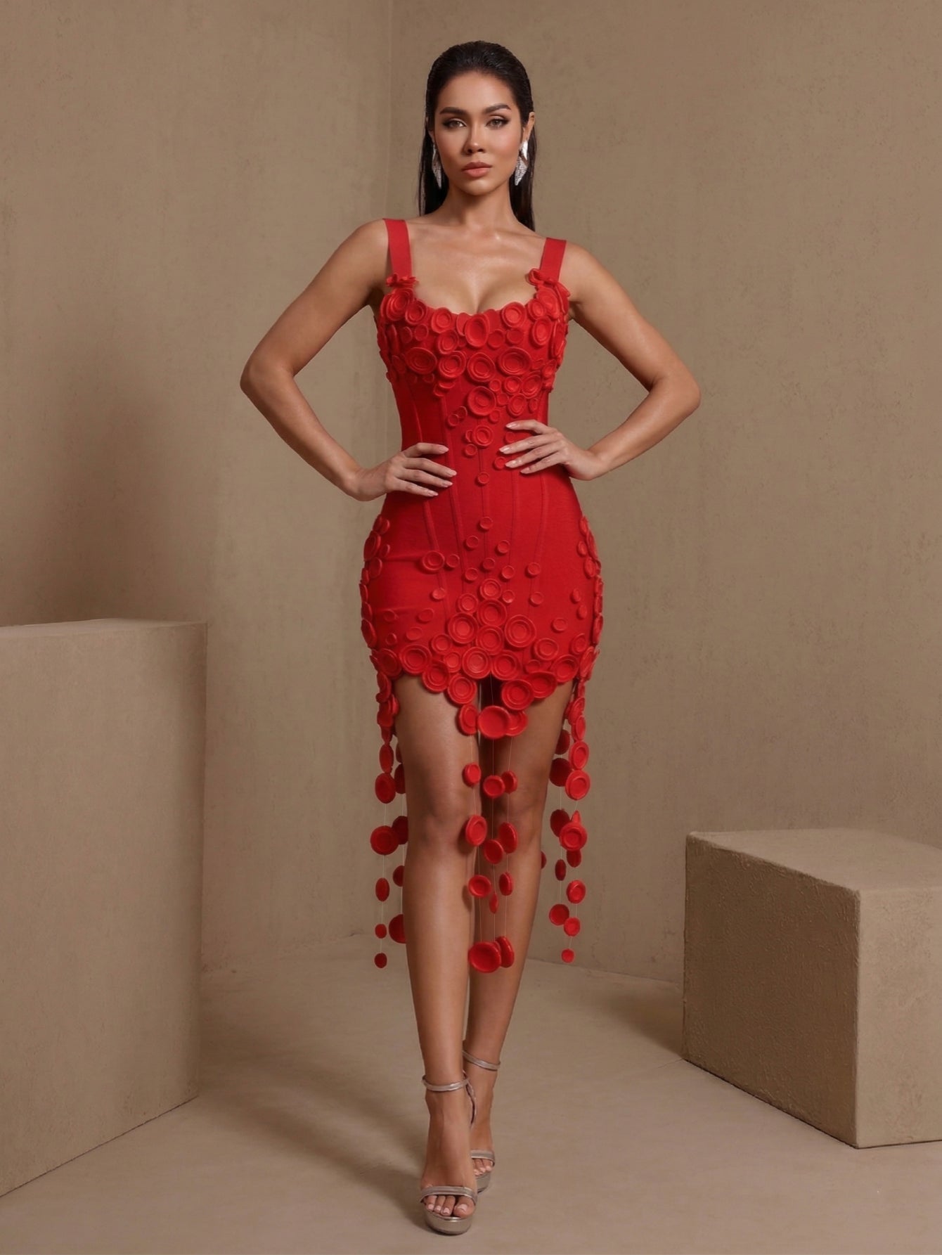Red draped floral bandage mini dress, full-length front view