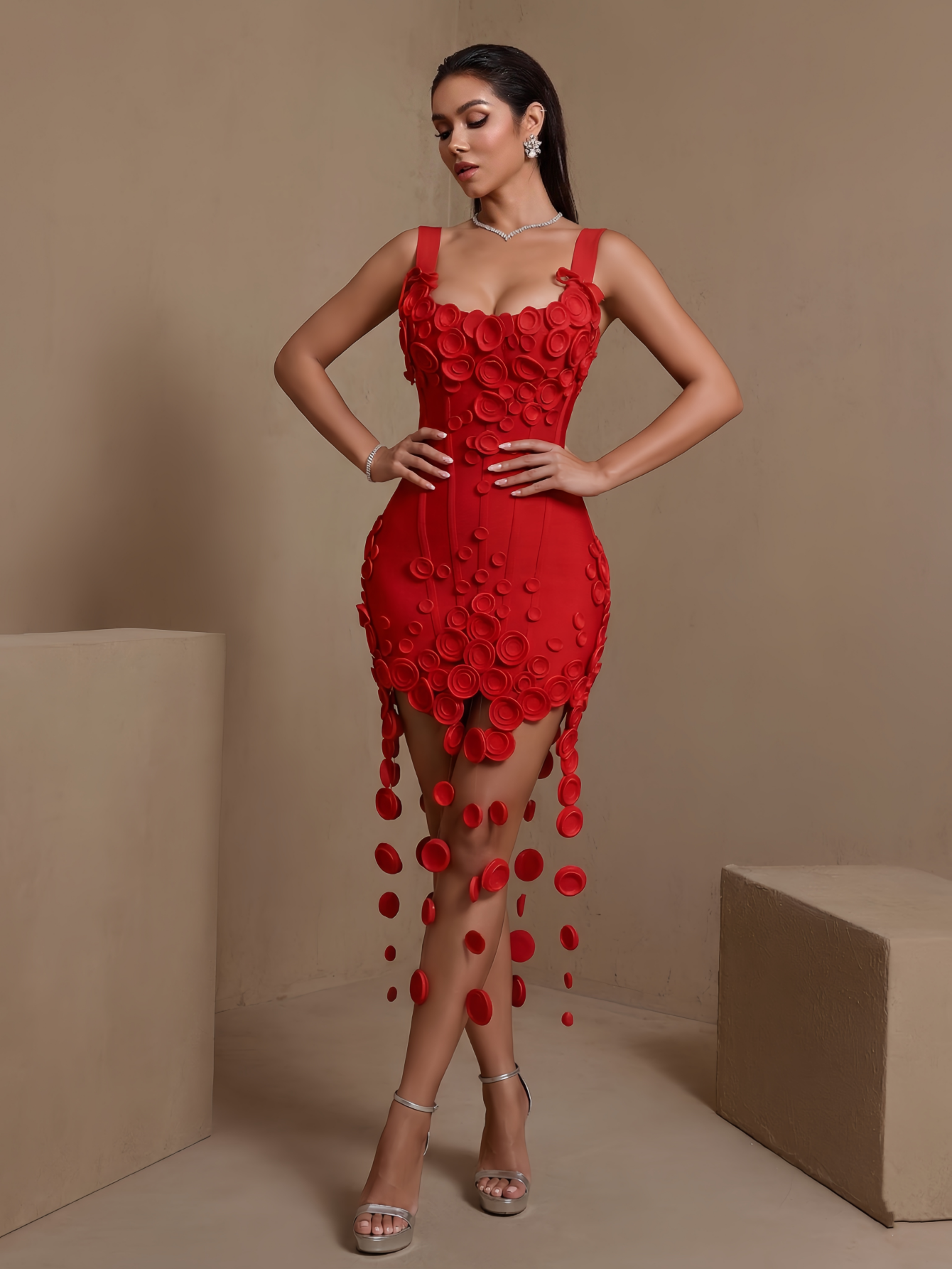 Red draped floral bandage mini dress, angled front view