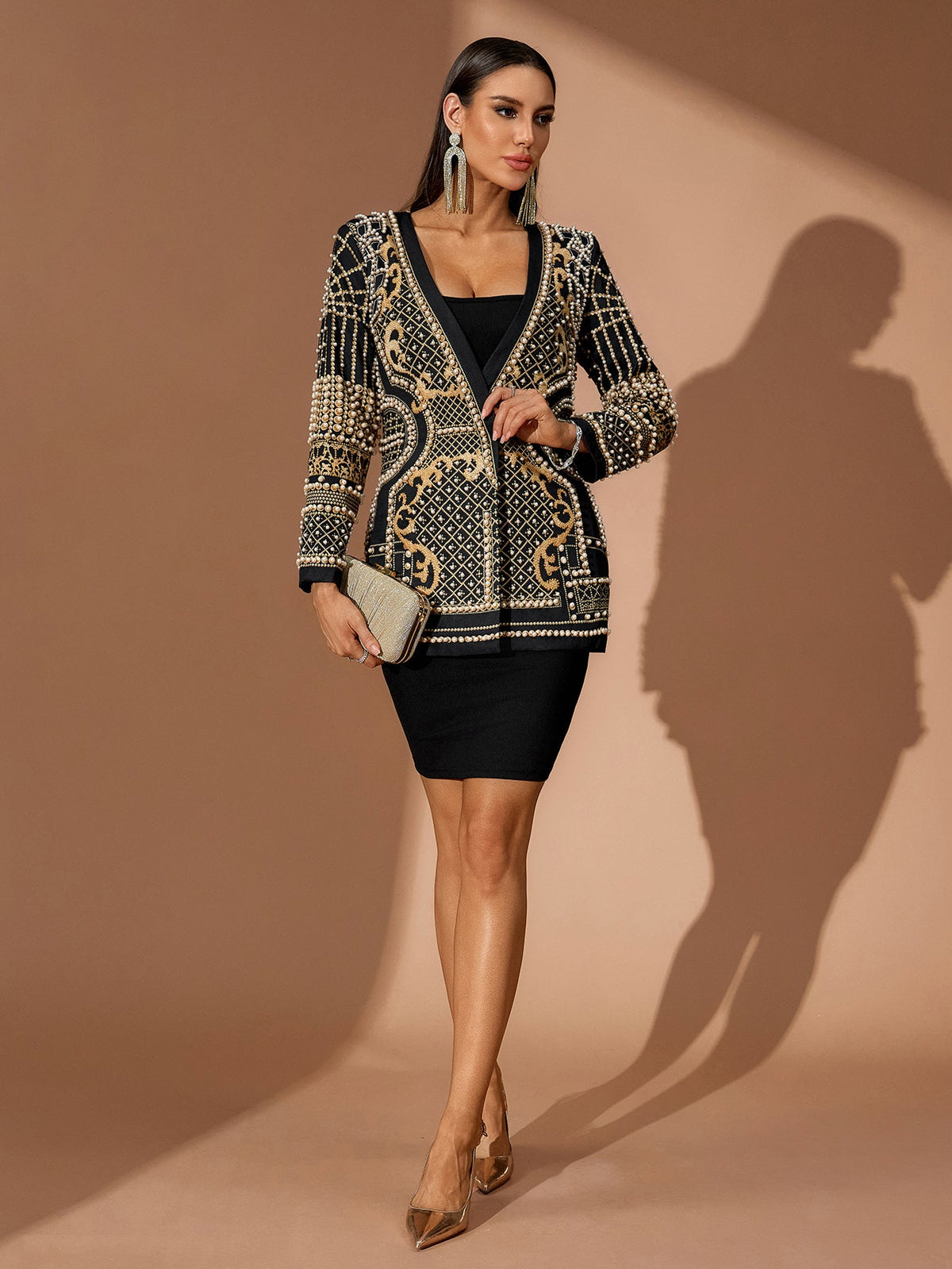 Embellished Deep V-Neck Blazer Mini Dress, three-quarter view