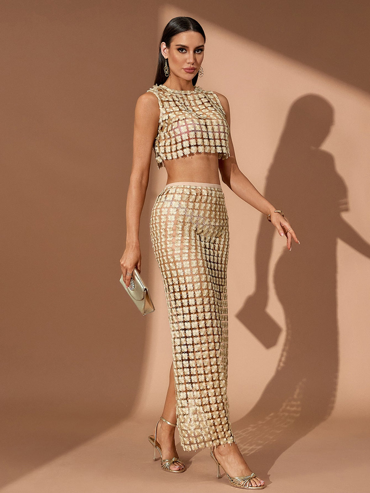 Embellished Mesh Crop Top Maxi Skirt Set, three-quarter view