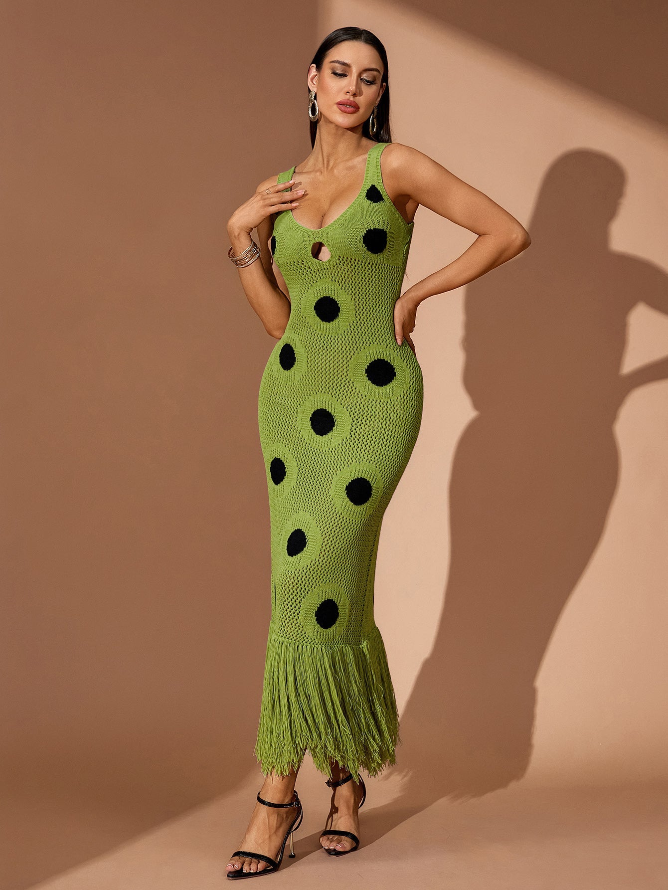 Tassel Hemline Cutout Knit Maxi Dress
