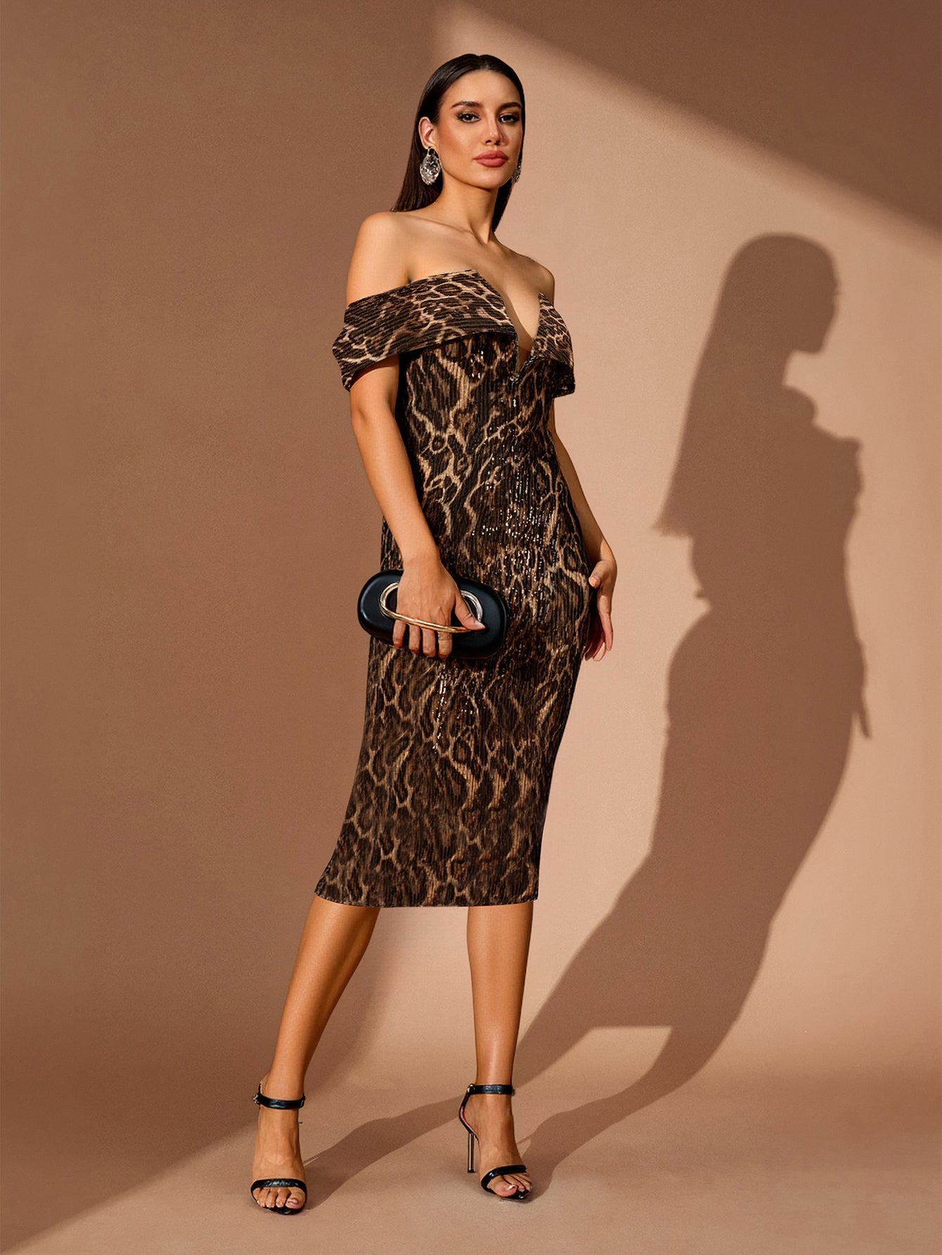 Off Shoulder Leopard Sequin Midi Dress