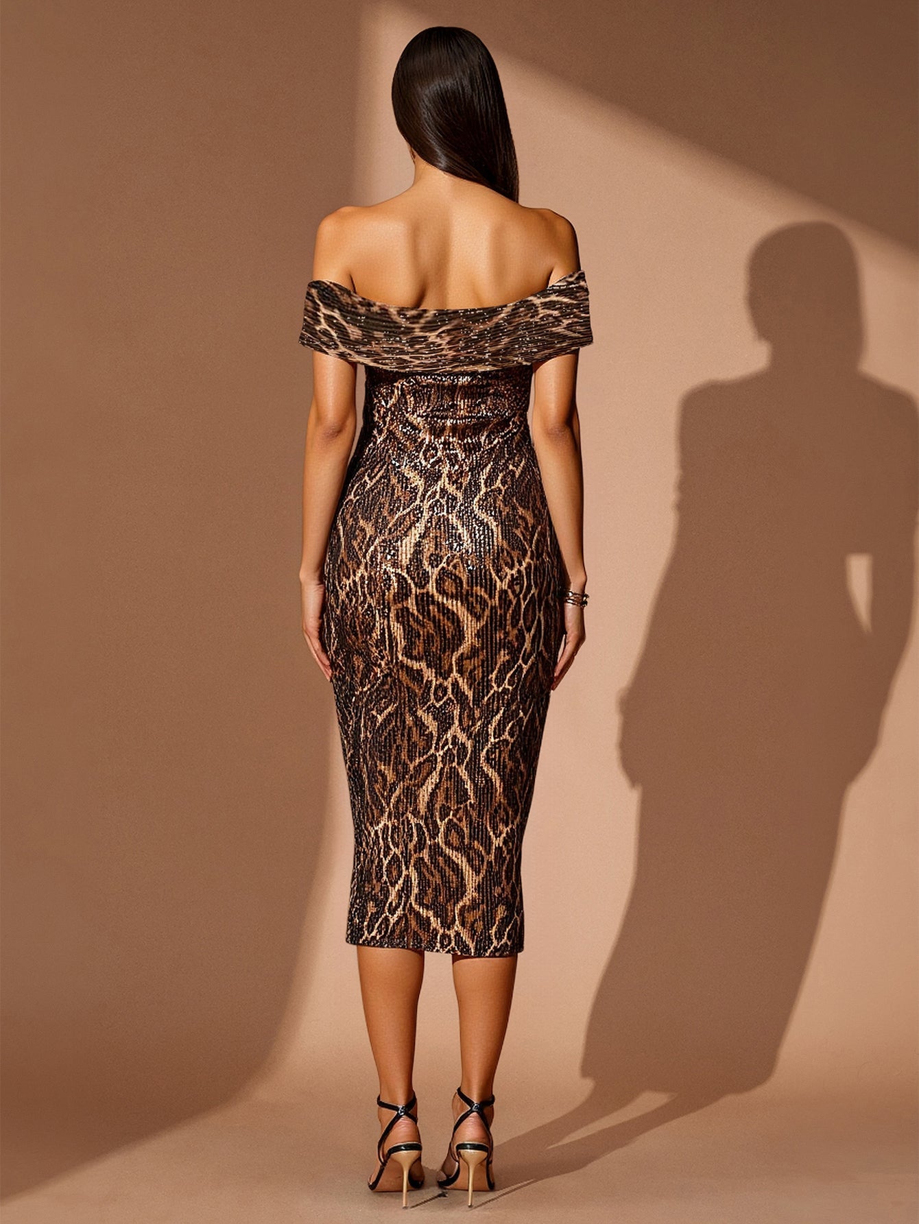 Off Shoulder Leopard Sequin Midi Dress