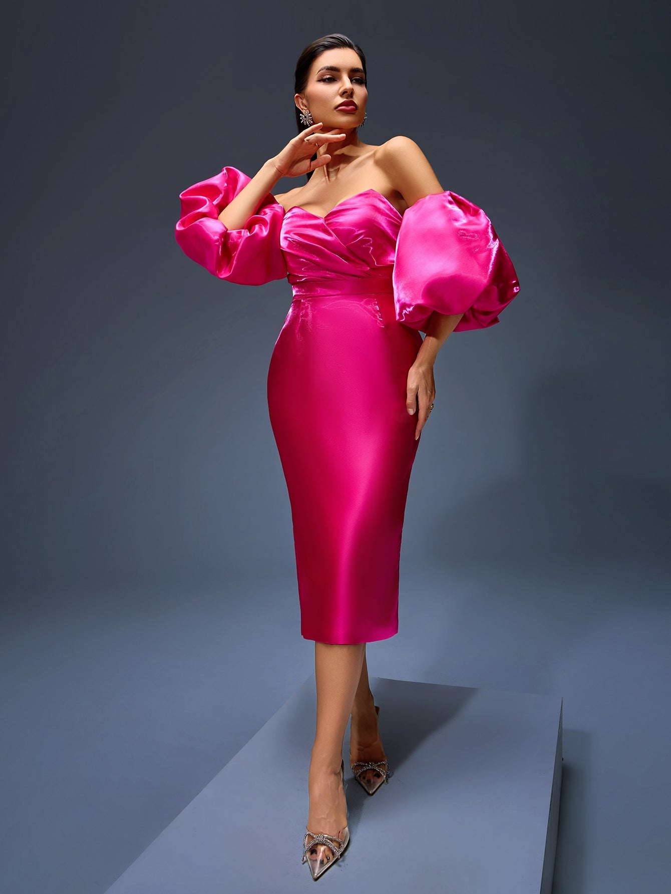 Off Shoulder Puff Sleeve Frill Satin Dress