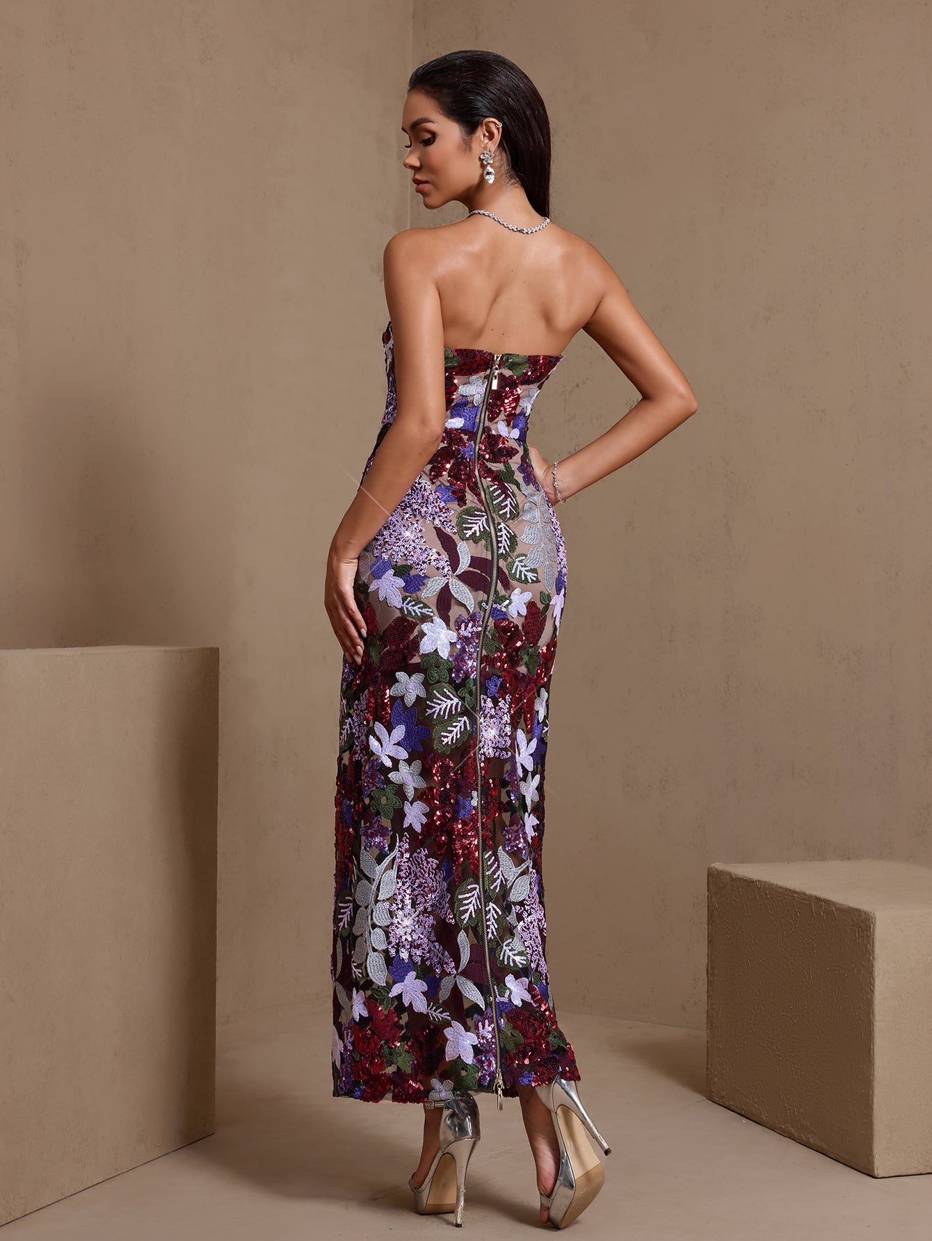 Dahlia Sequin Embroidered Strapless Maxi Dress