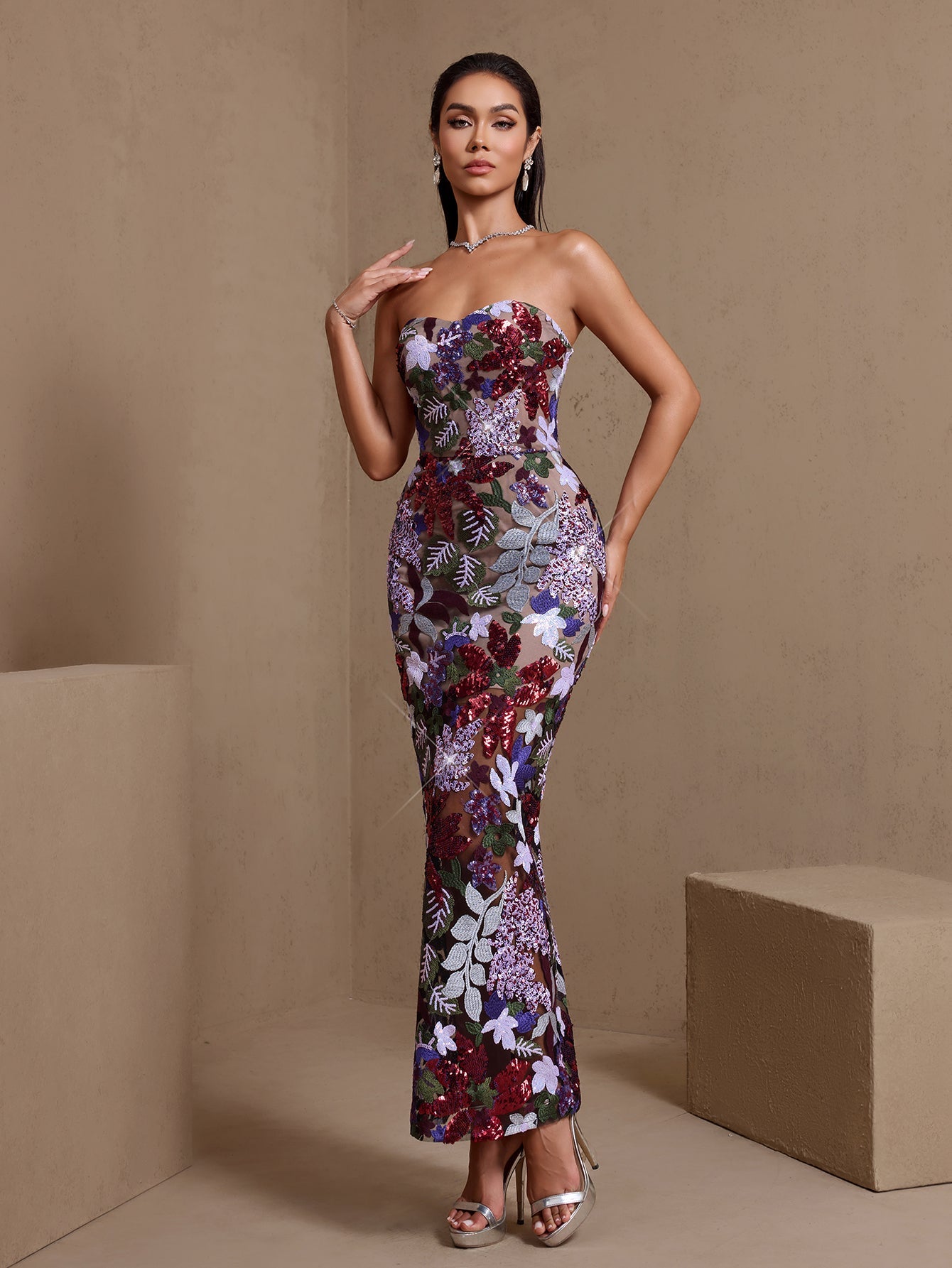 Dahlia Sequin Embroidered Strapless Maxi Dress
