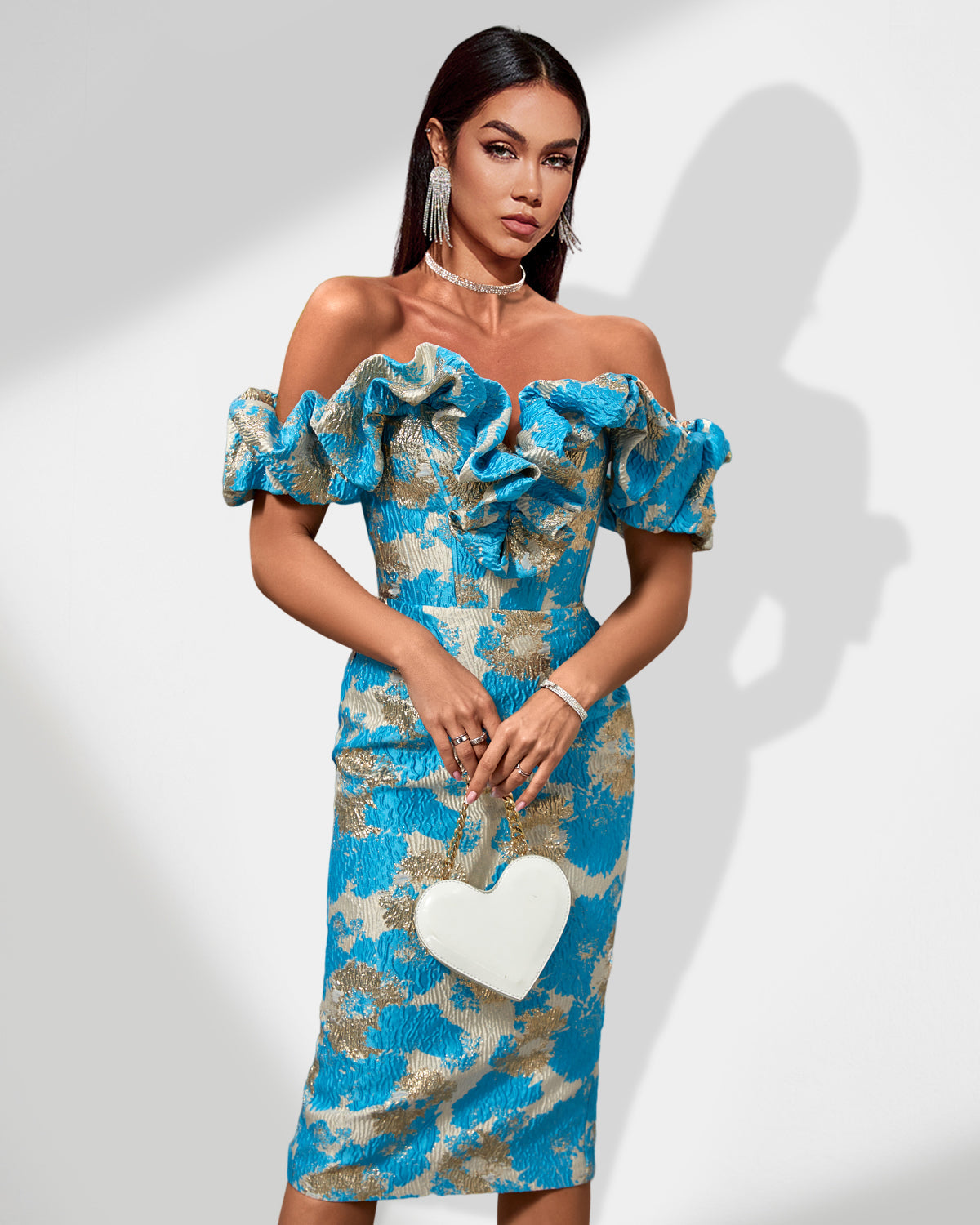 Off Shoulder Jacquard Midi Dress