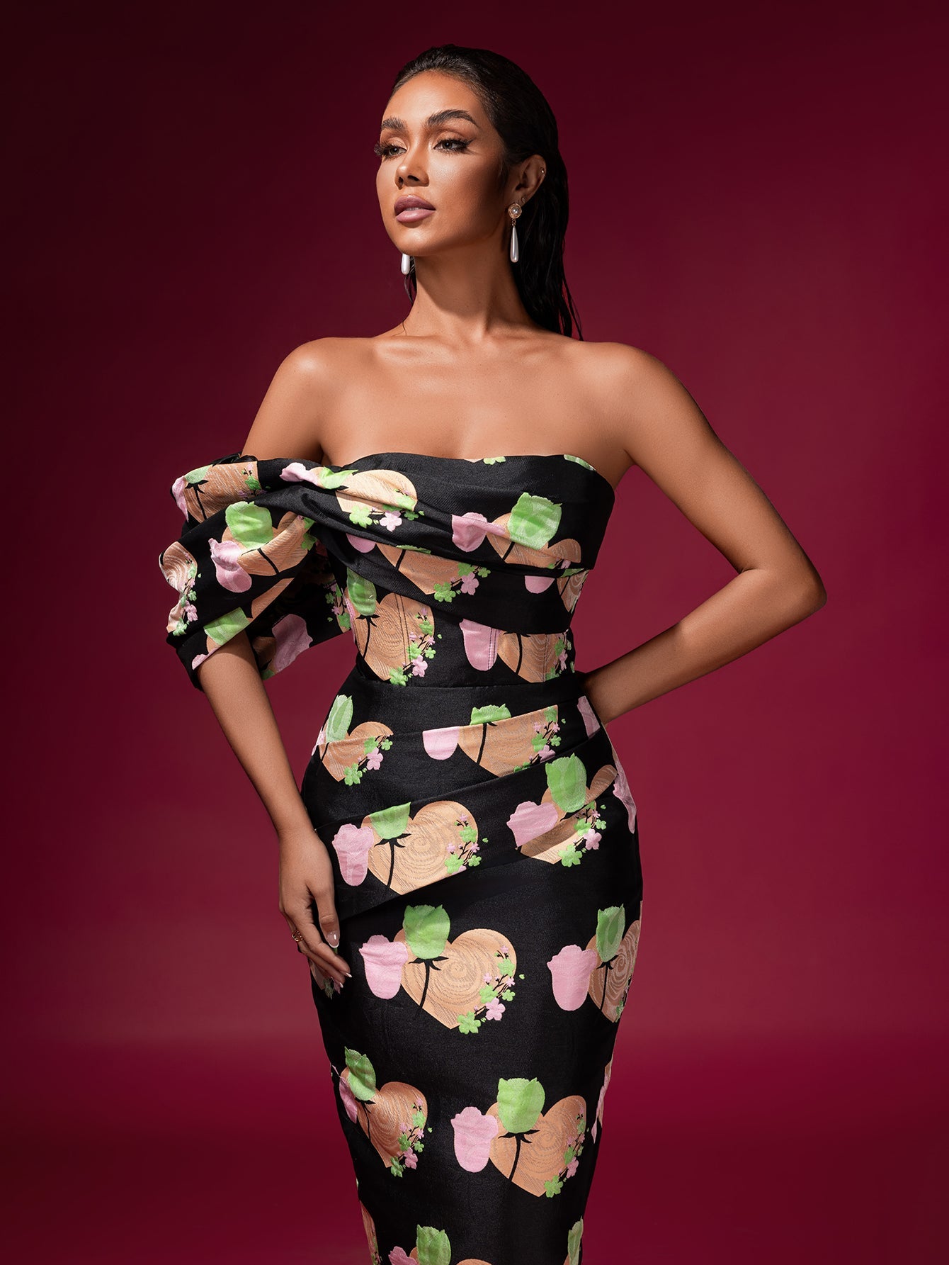 Floral Jacquard Backless Midi Dress