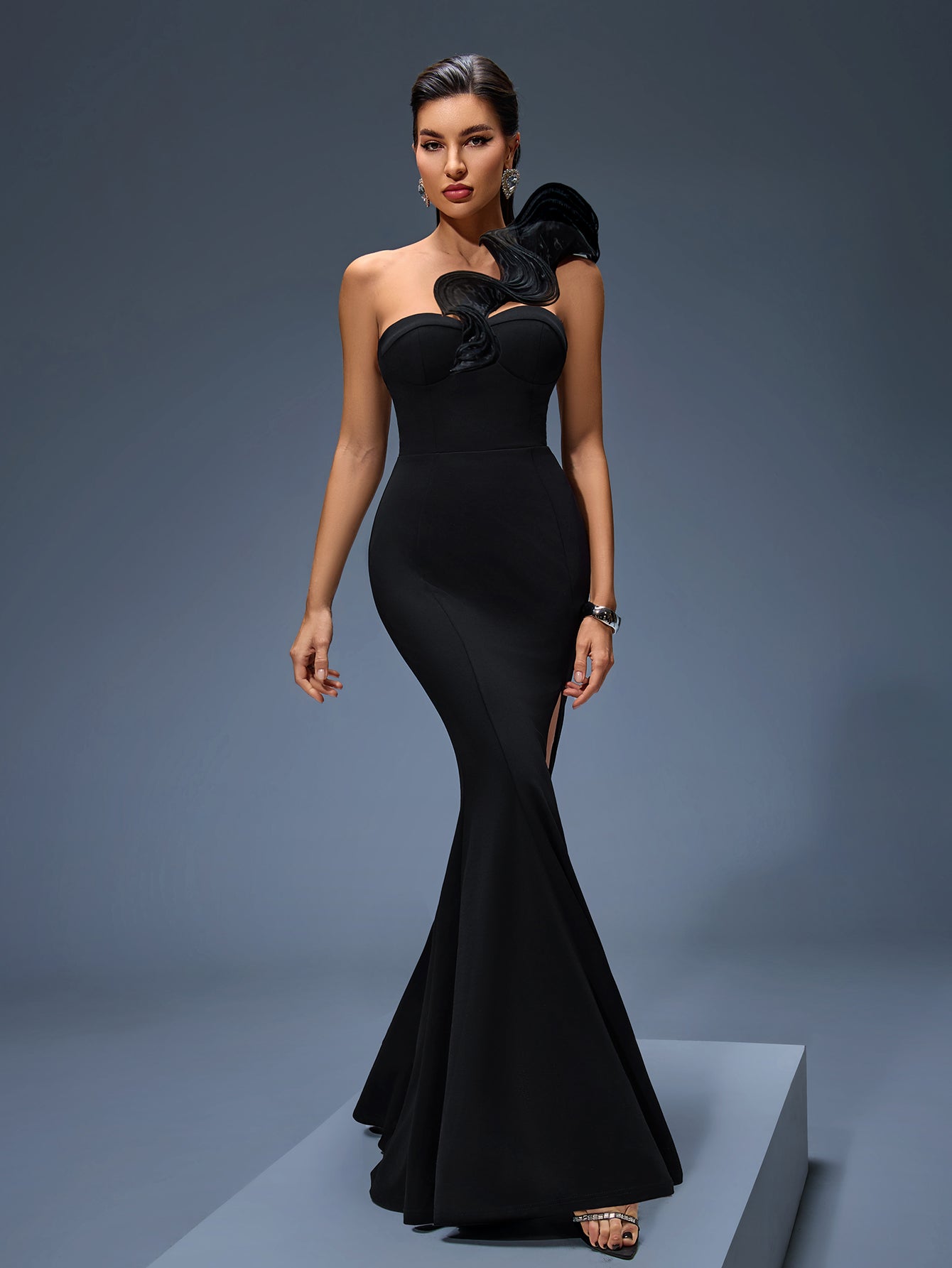 Ruffled Shoulder High-Slit Maxi Dress
