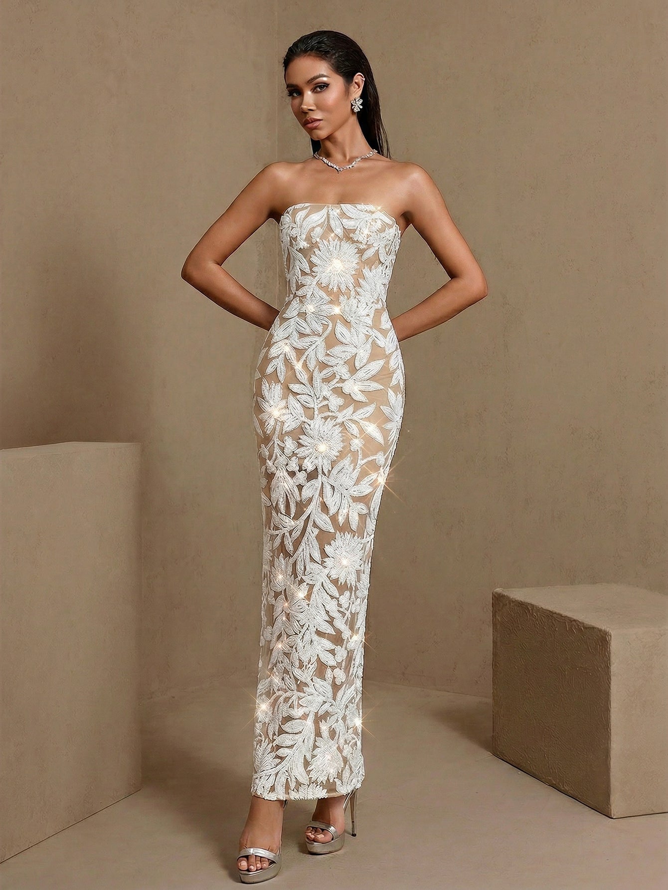Luxury Sequin-Embroidered Bustier Maxi Dress