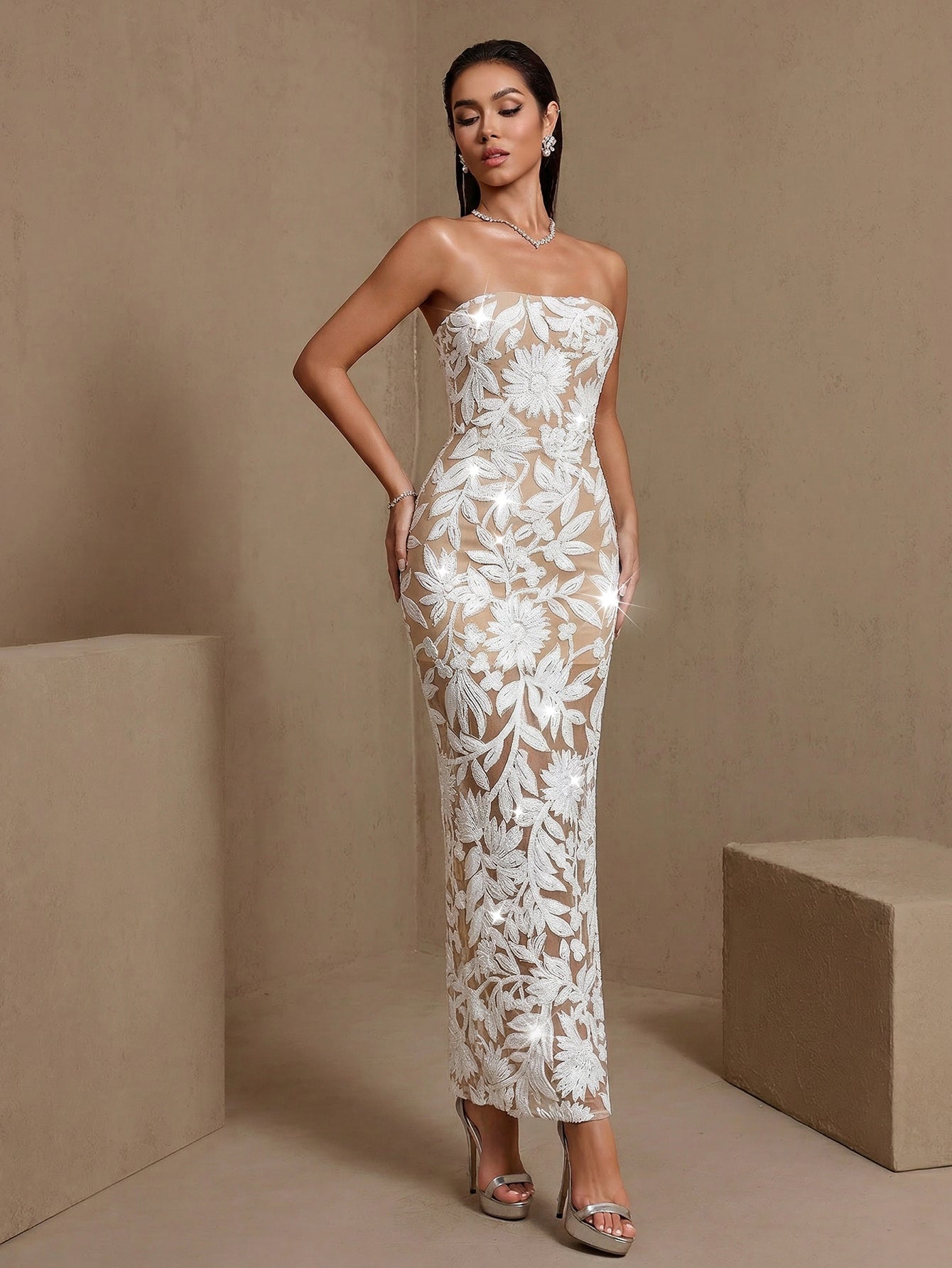 Luxury Sequin-Embroidered Bustier Maxi Dress