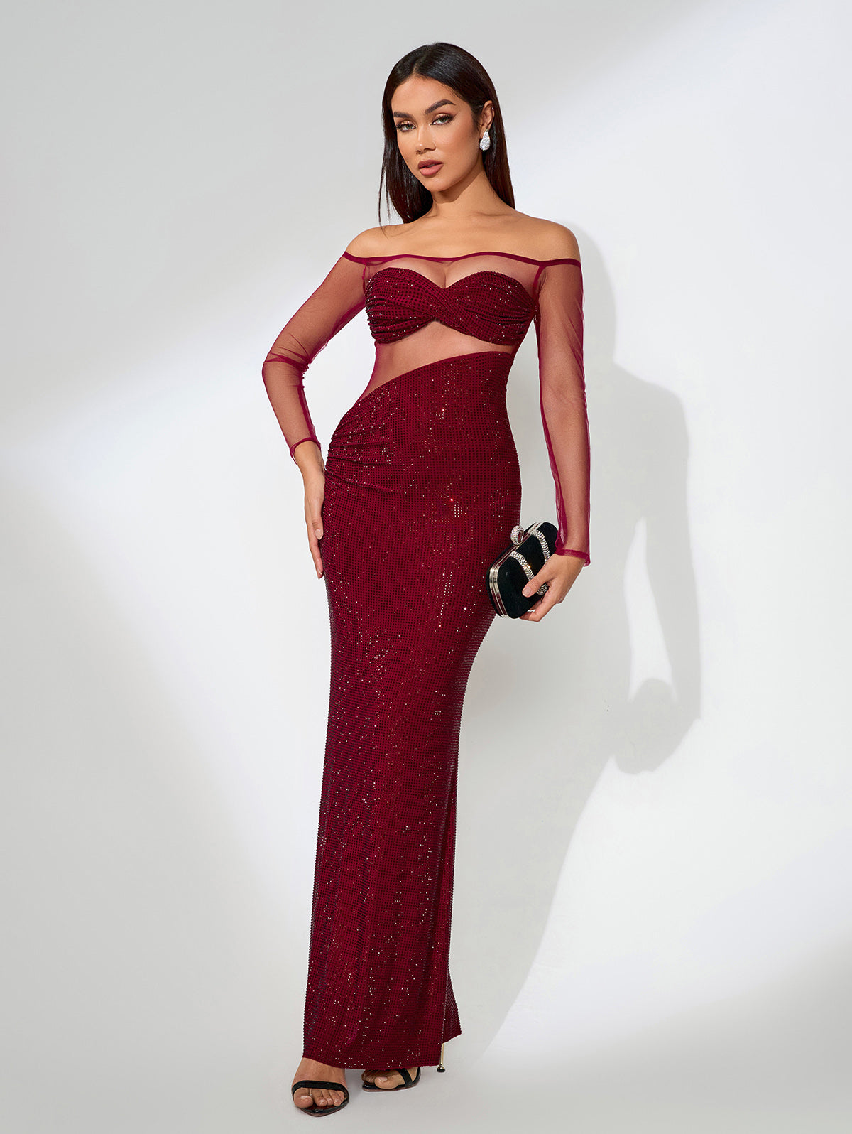 Mesh Splicing Rhinestone Asymmetric Dress