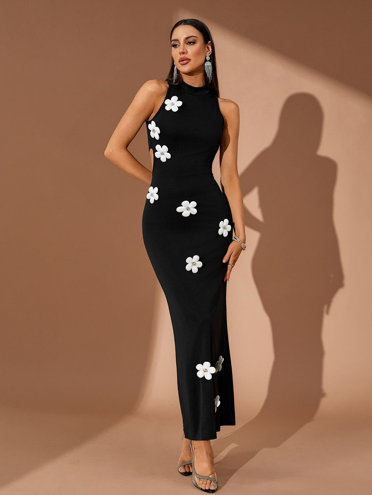 Floral Appliqué Bodycon Maxi Dress, front view