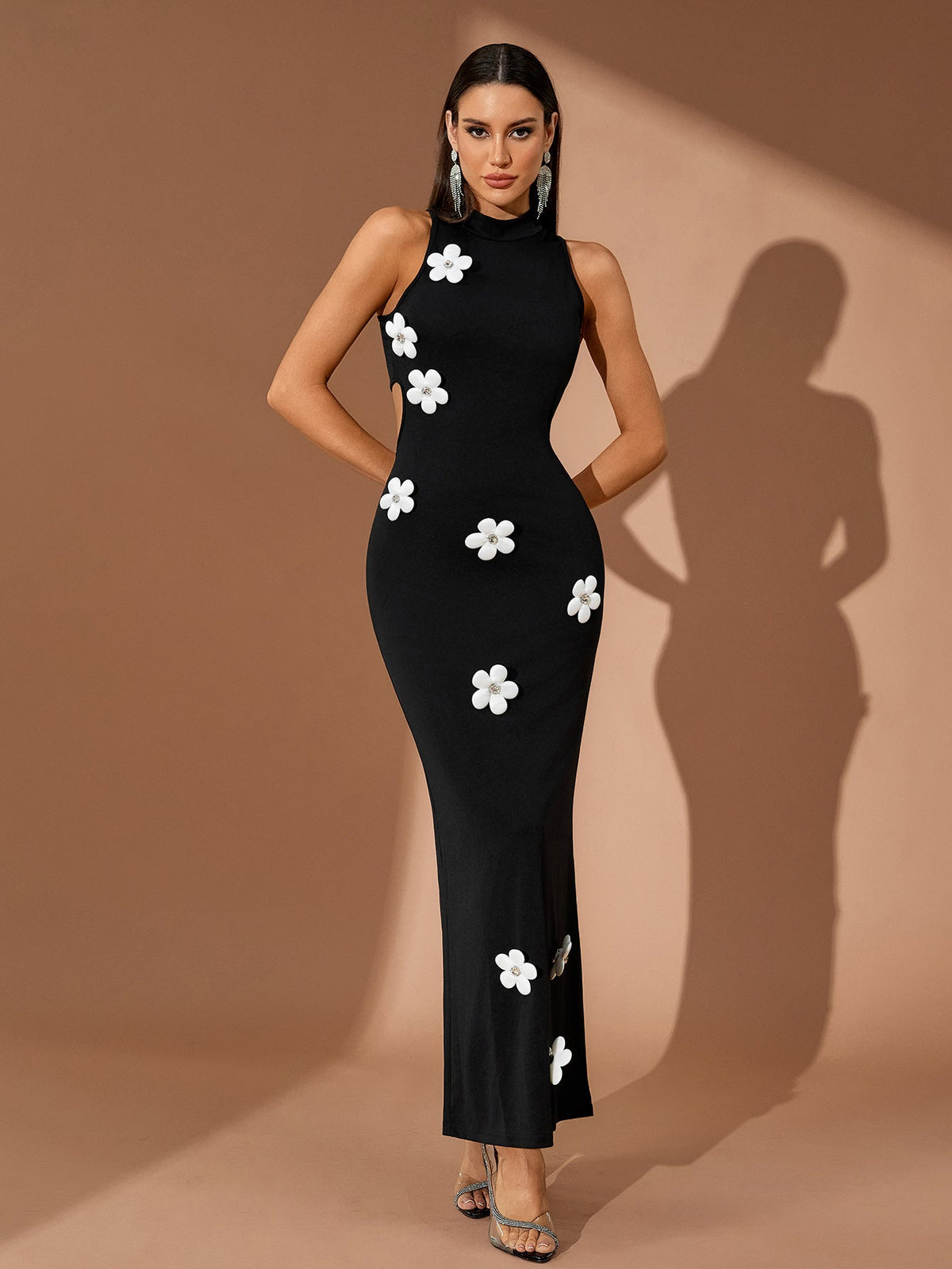 Floral Appliqué Bodycon Maxi Dress, full-length styling view