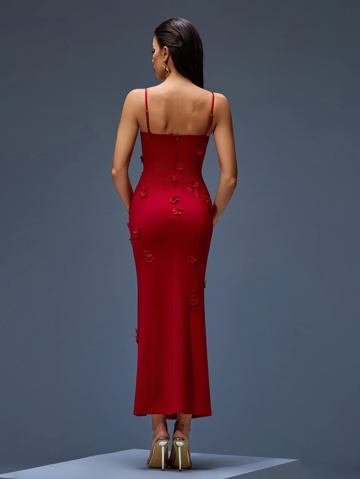 Floral Appliqué High-Slit Long Dress, front full-length view