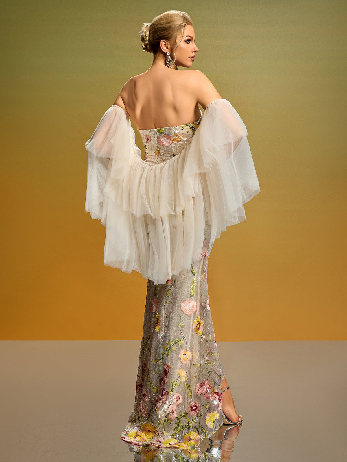 Floral Embroidered Fishtail Evening Gown, side view