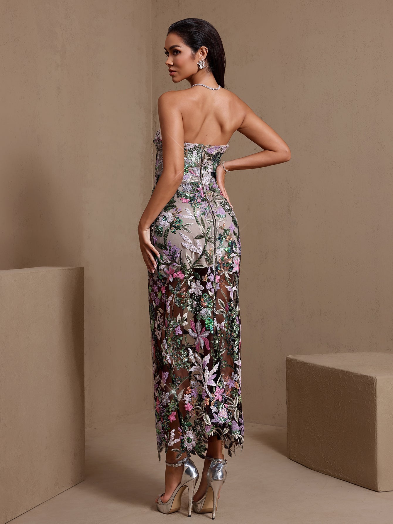 Green and pink floral embroidered strapless sequin maxi dress, rear view