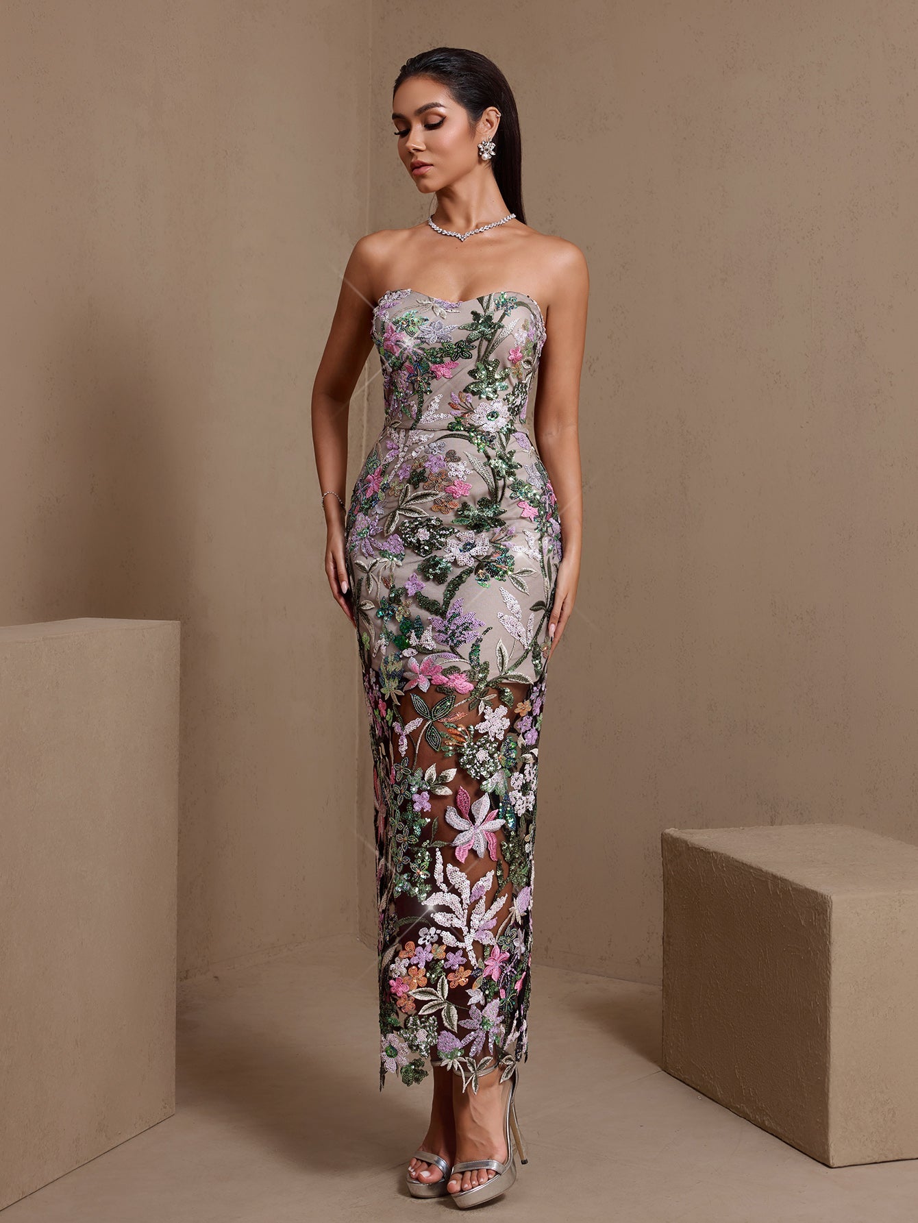 Green and pink floral embroidered strapless sequin maxi dress, full-length front view