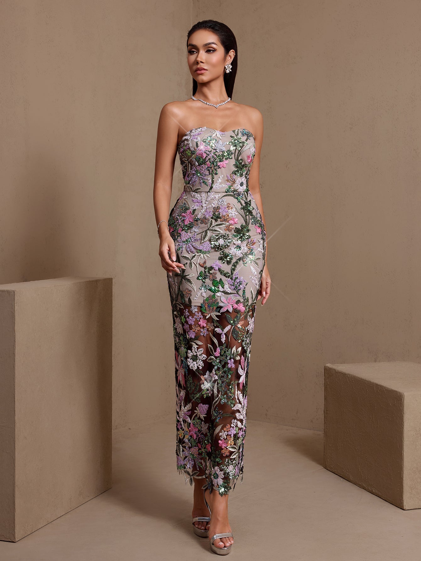 Green and pink floral embroidered strapless sequin maxi dress, floral embroidery detail
