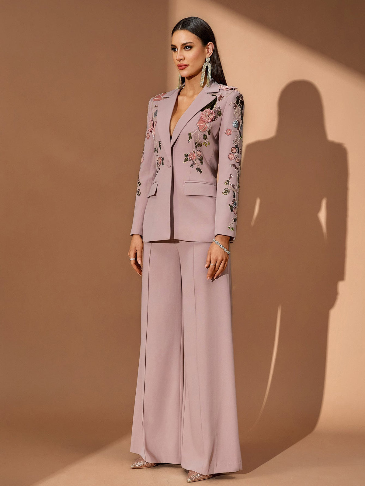 Floral Embroidered Tailored Pantsuit, full-length styling view