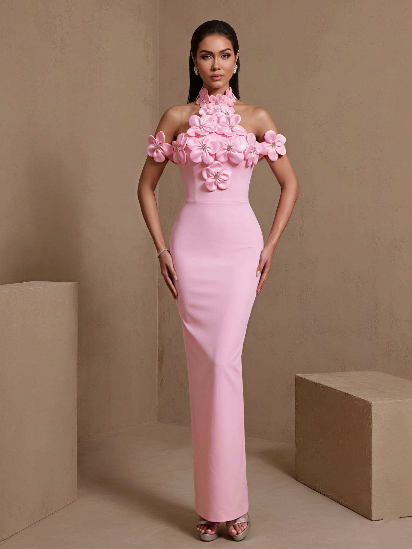 Pink floral halter bandage maxi dress, front view