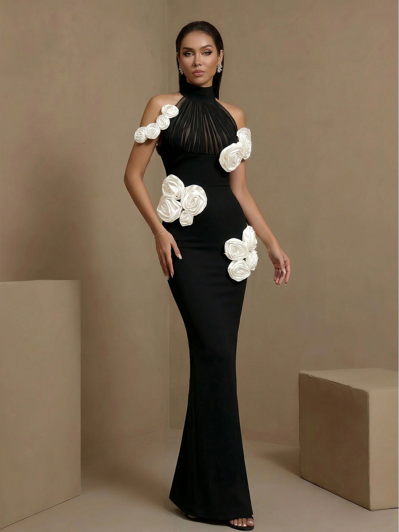 Black floral halter cutout bandage maxi dress, full front view