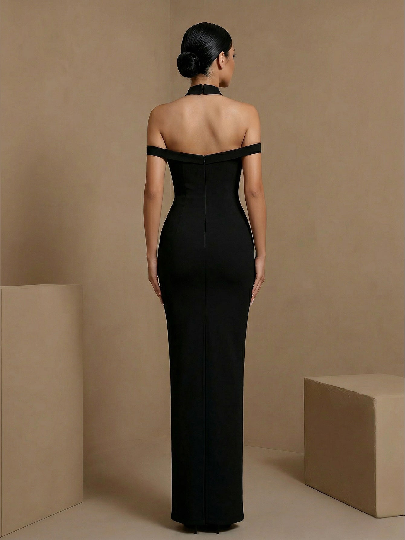 Black floral halter cutout bandage maxi dress, back view