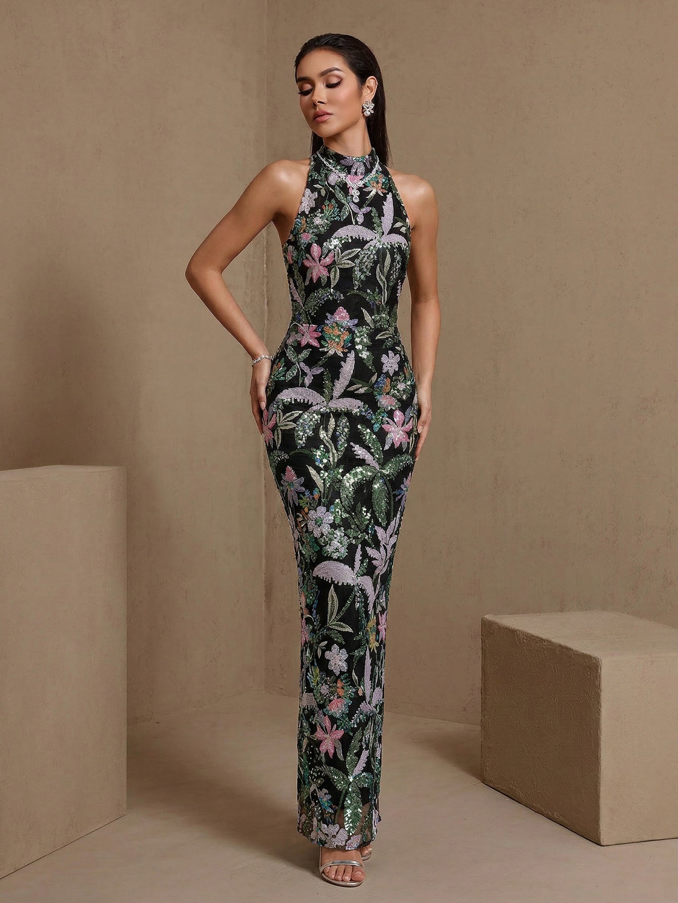Black floral halter sequin-embroidered maxi dress, full-length front view