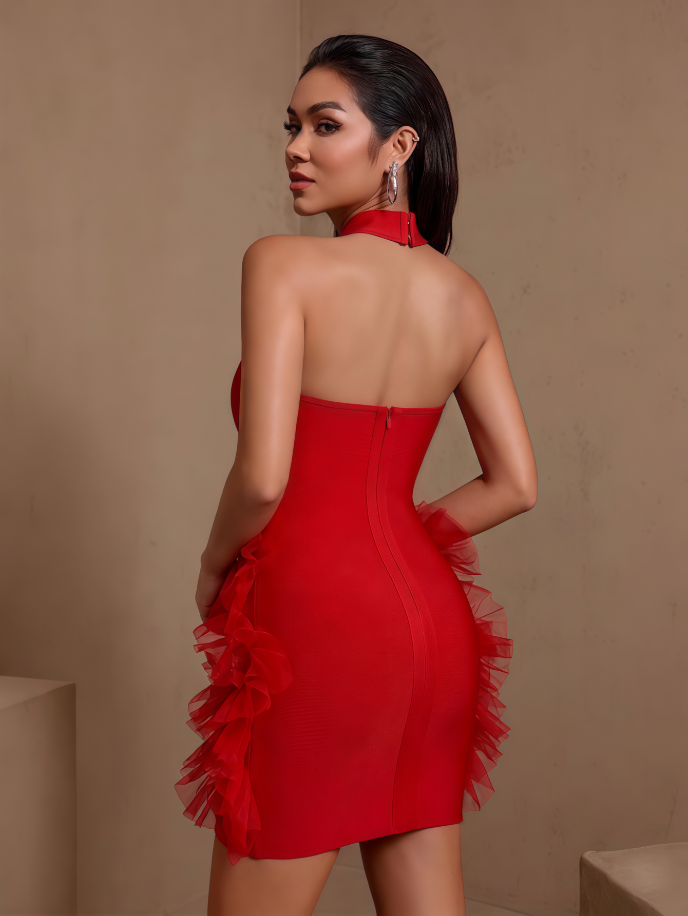 Red floral pom-pom halter bandage mini dress, rear view