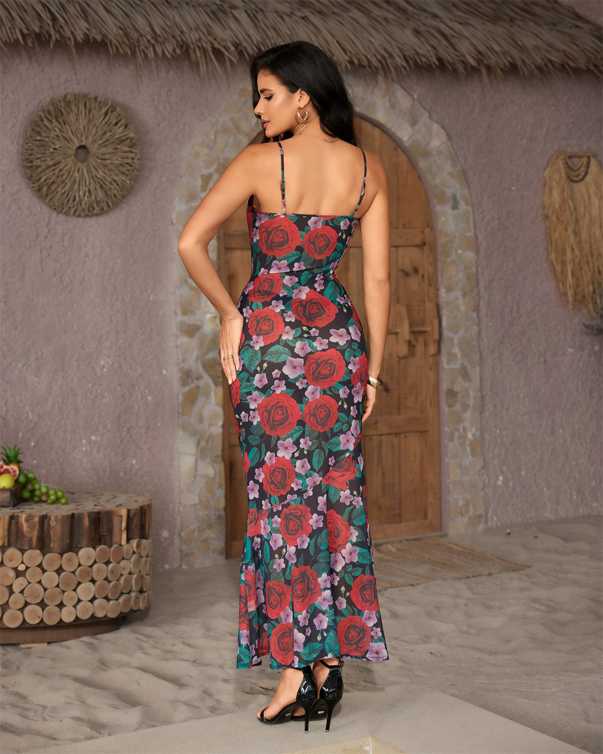Multicoloured floral print strappy maxi dress, rear view
