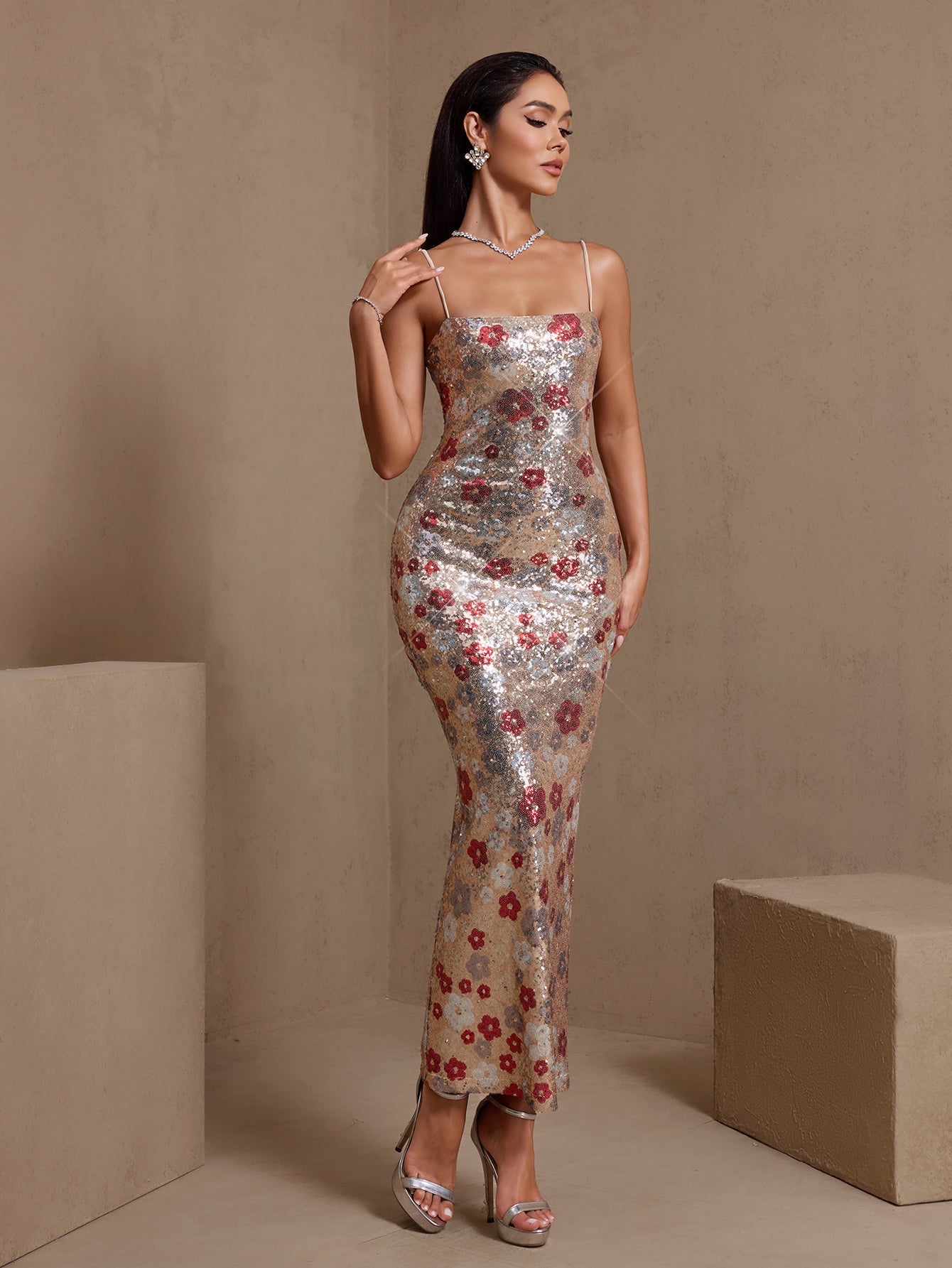 Gold floral sequin slip maxi dress, front view