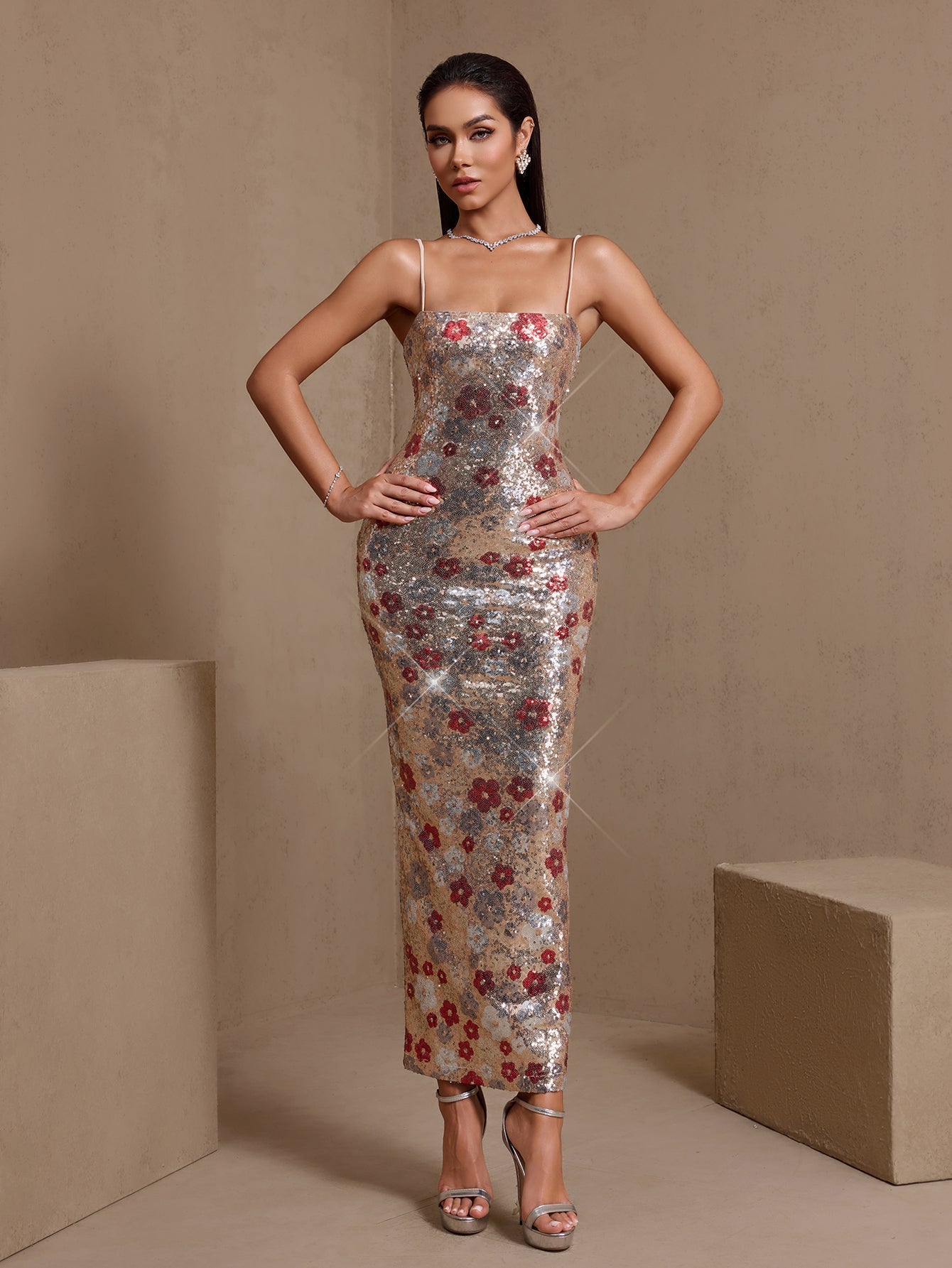 Gold floral sequin slip maxi dress, side view