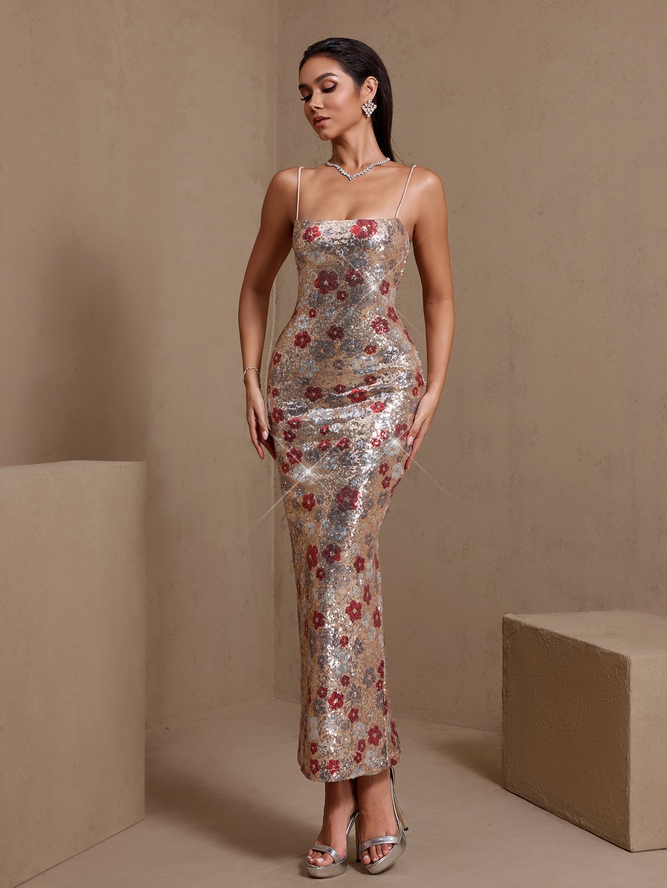 Gold floral sequin slip maxi dress, embroidered detail