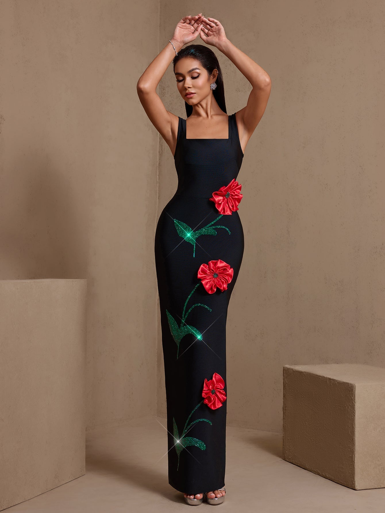 Black floral square-neck bandage maxi dress, full-length front view