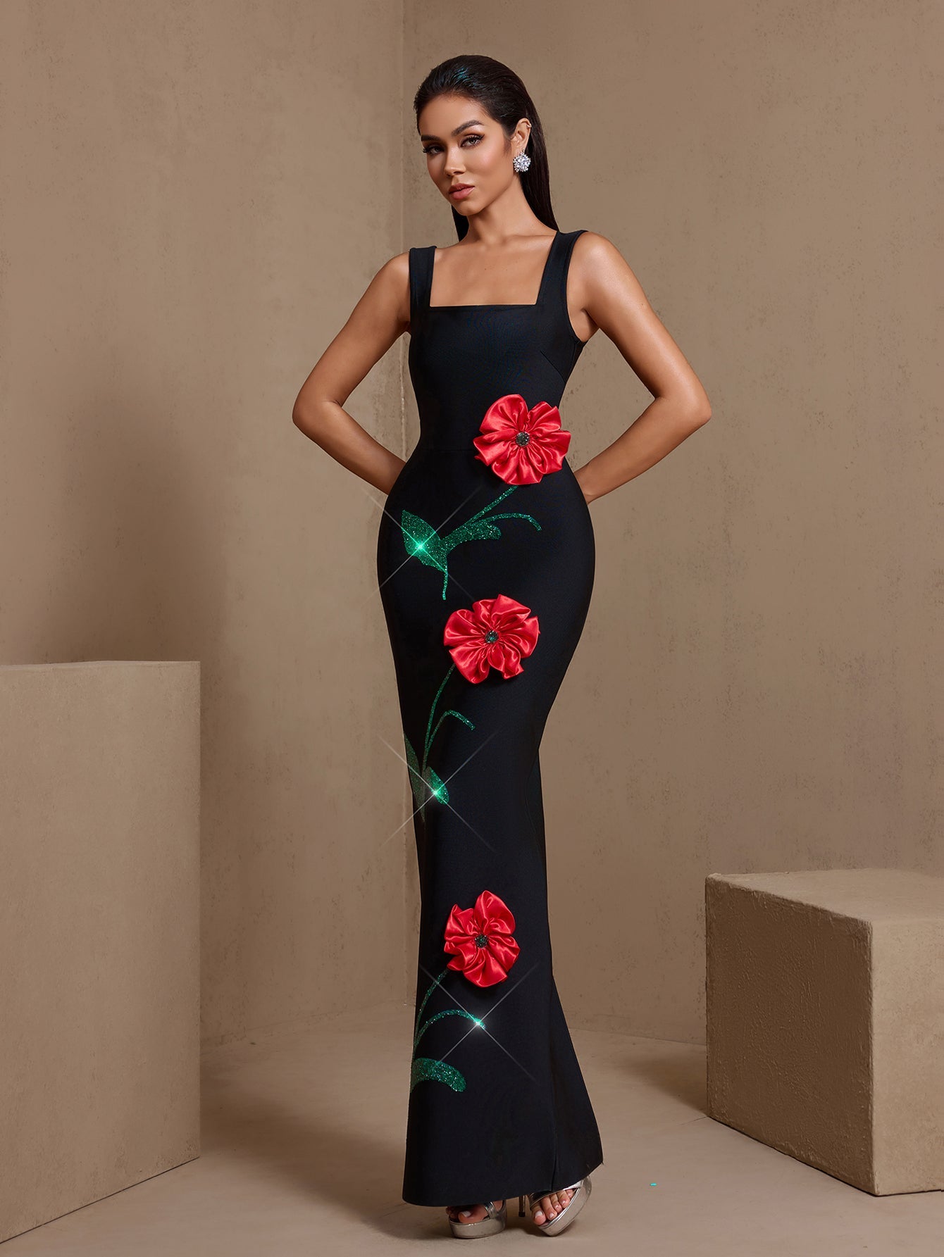 Black floral square-neck bandage maxi dress, front view