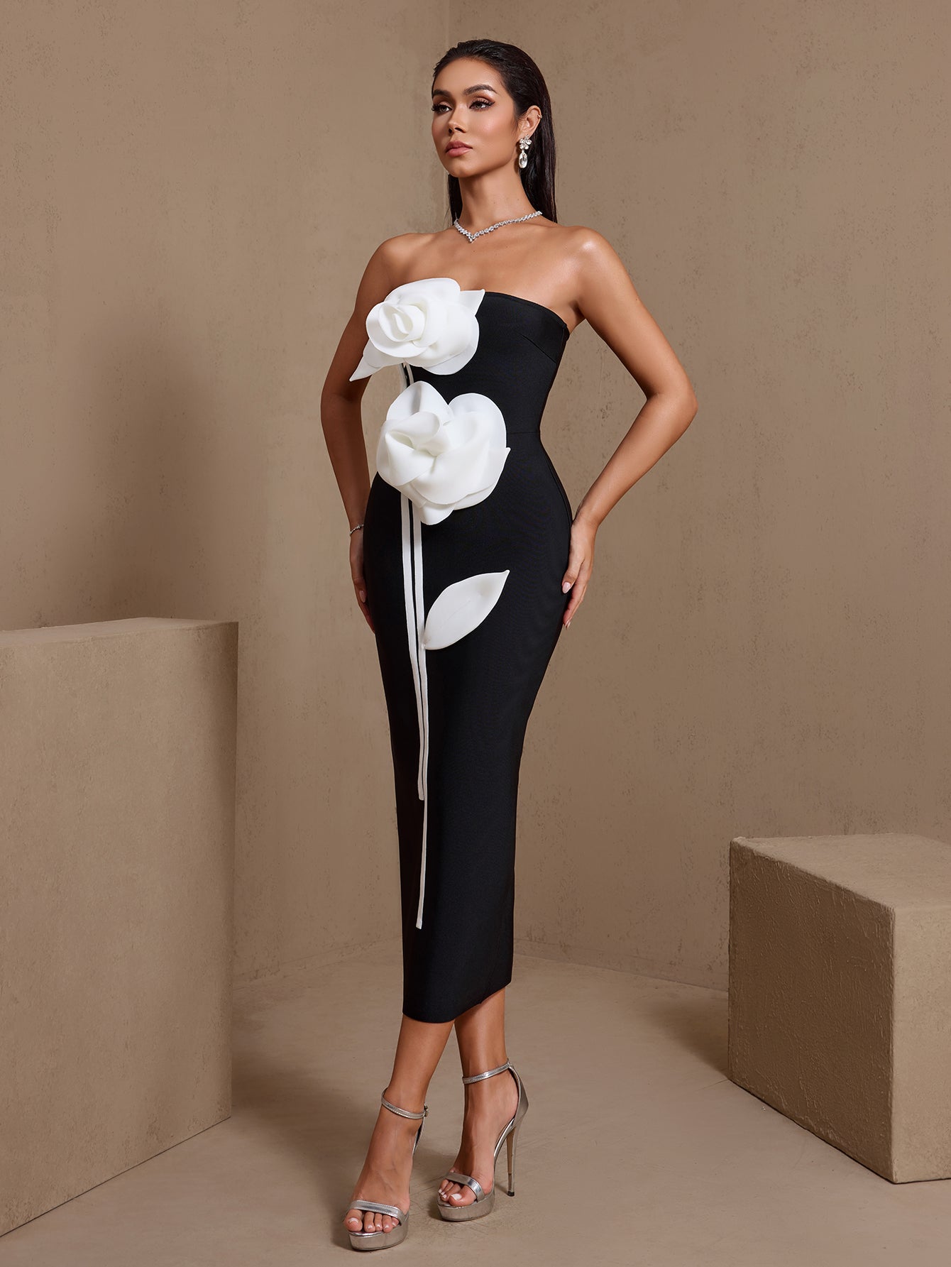 Black floral strapless applique bandage midi dress, applique detail
