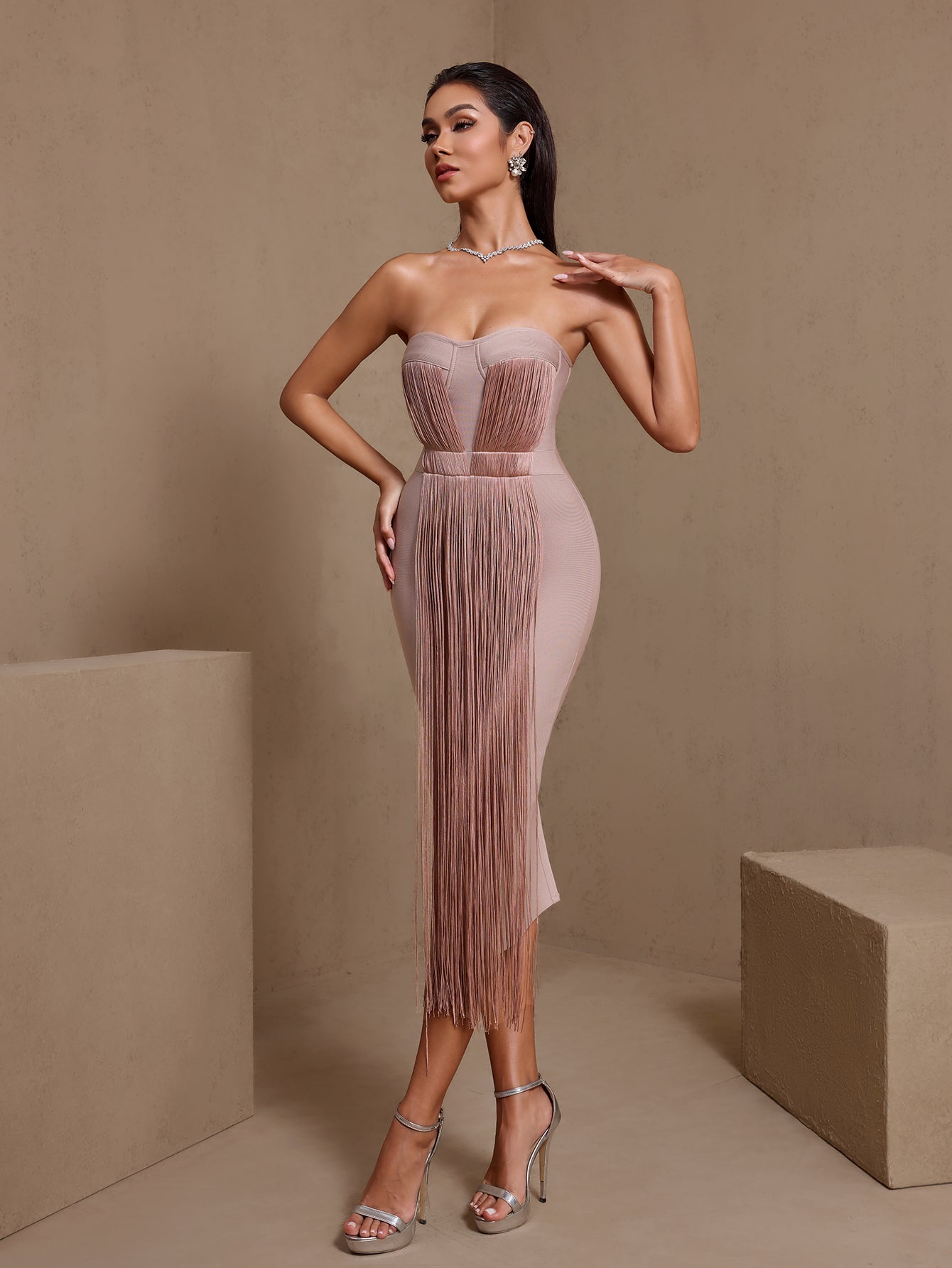 Nude fringe bustier strapless bandage midi dress, full-length front view