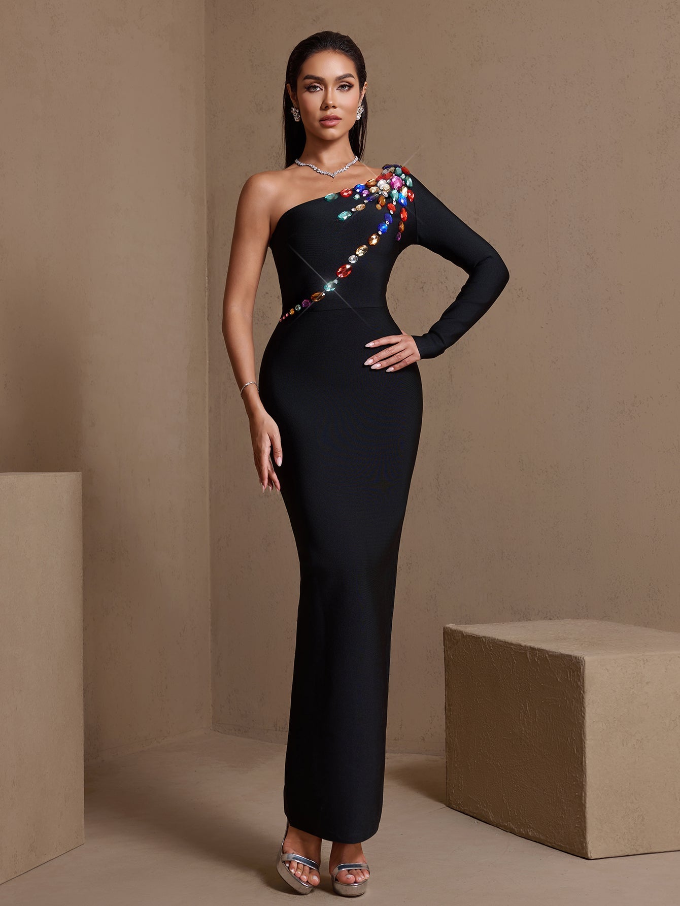 Black gemstone one-shoulder bandage maxi dress, full-length front view