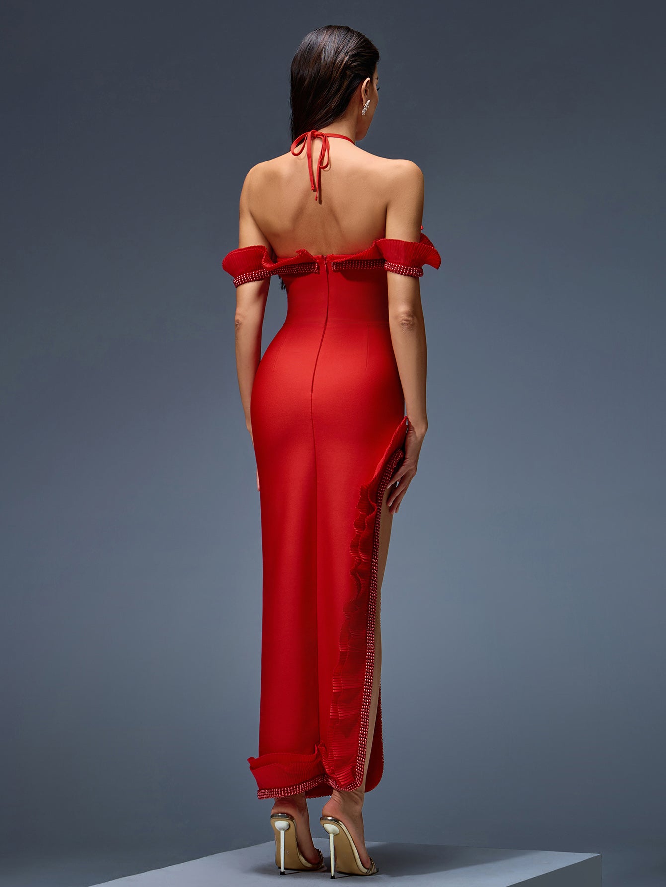 Open Back Halter Pleated Bandage Dress