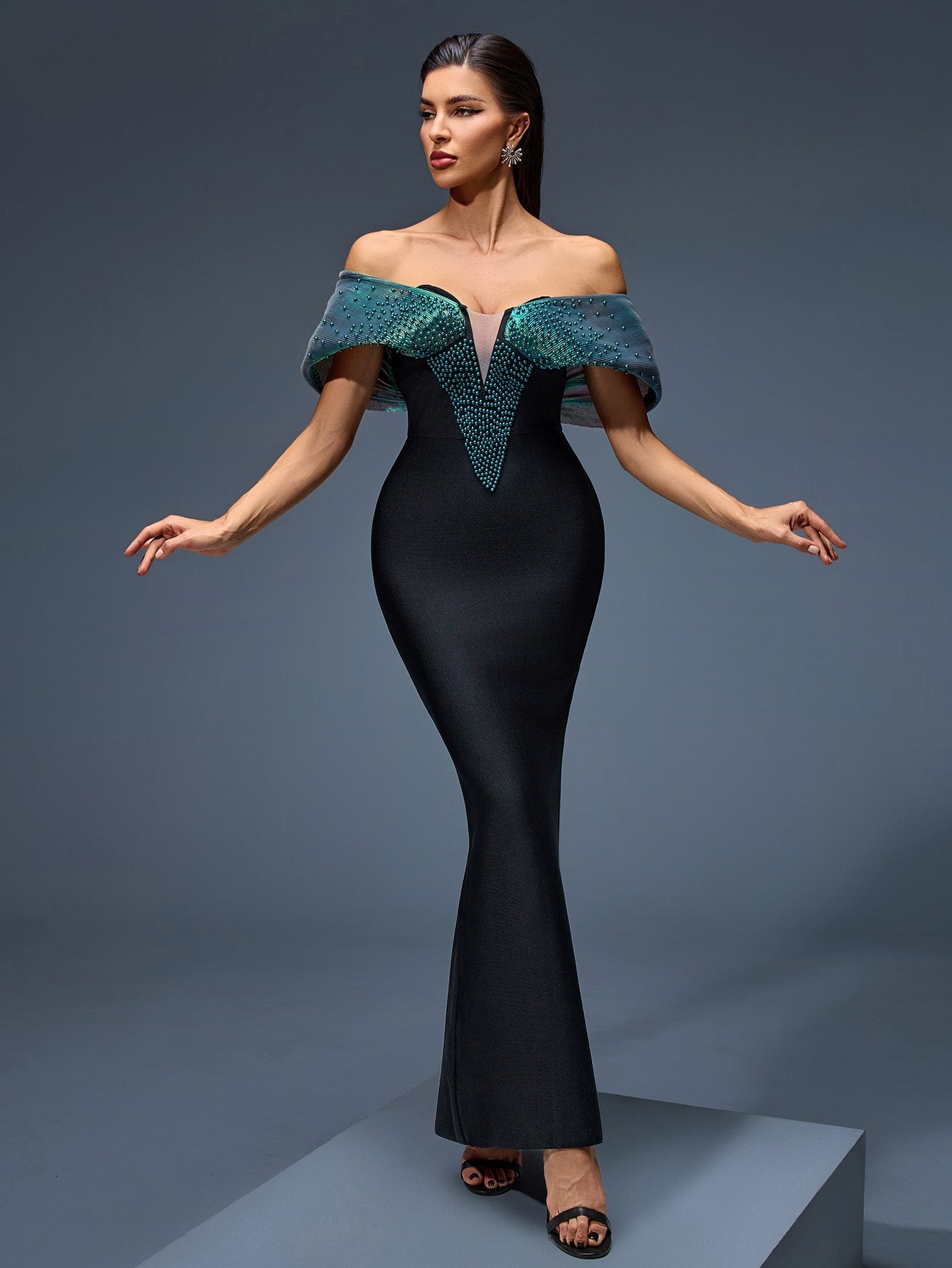 Off Shoulder Beaded Bandage Maxi Dress