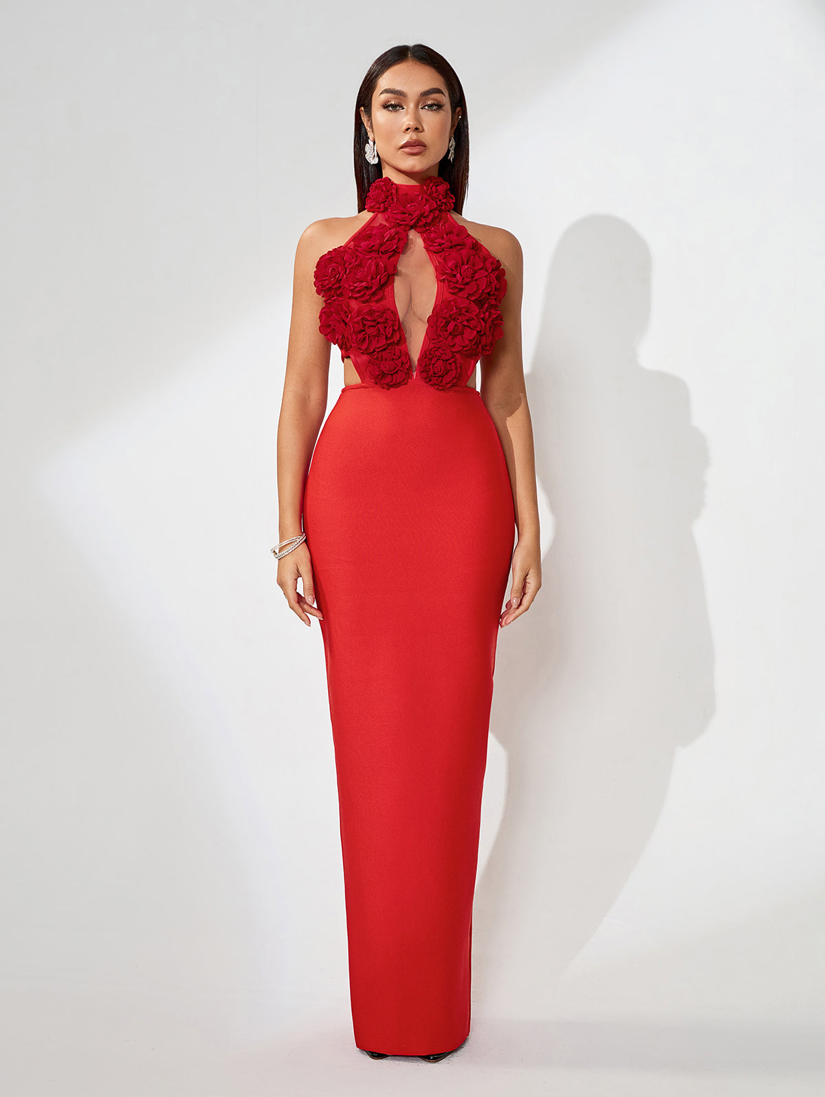 3D Flowers Hollow-Out Bandage Maxi Dress