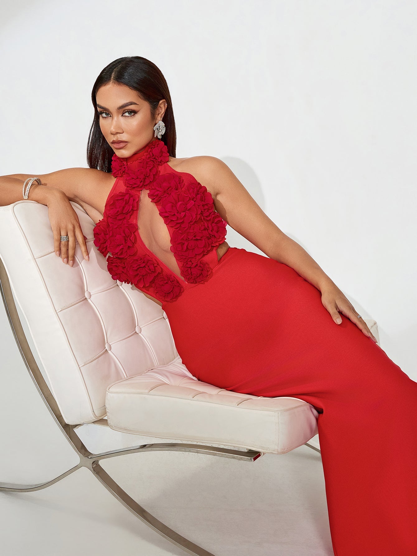 3D Flowers Hollow-Out Bandage Maxi Dress