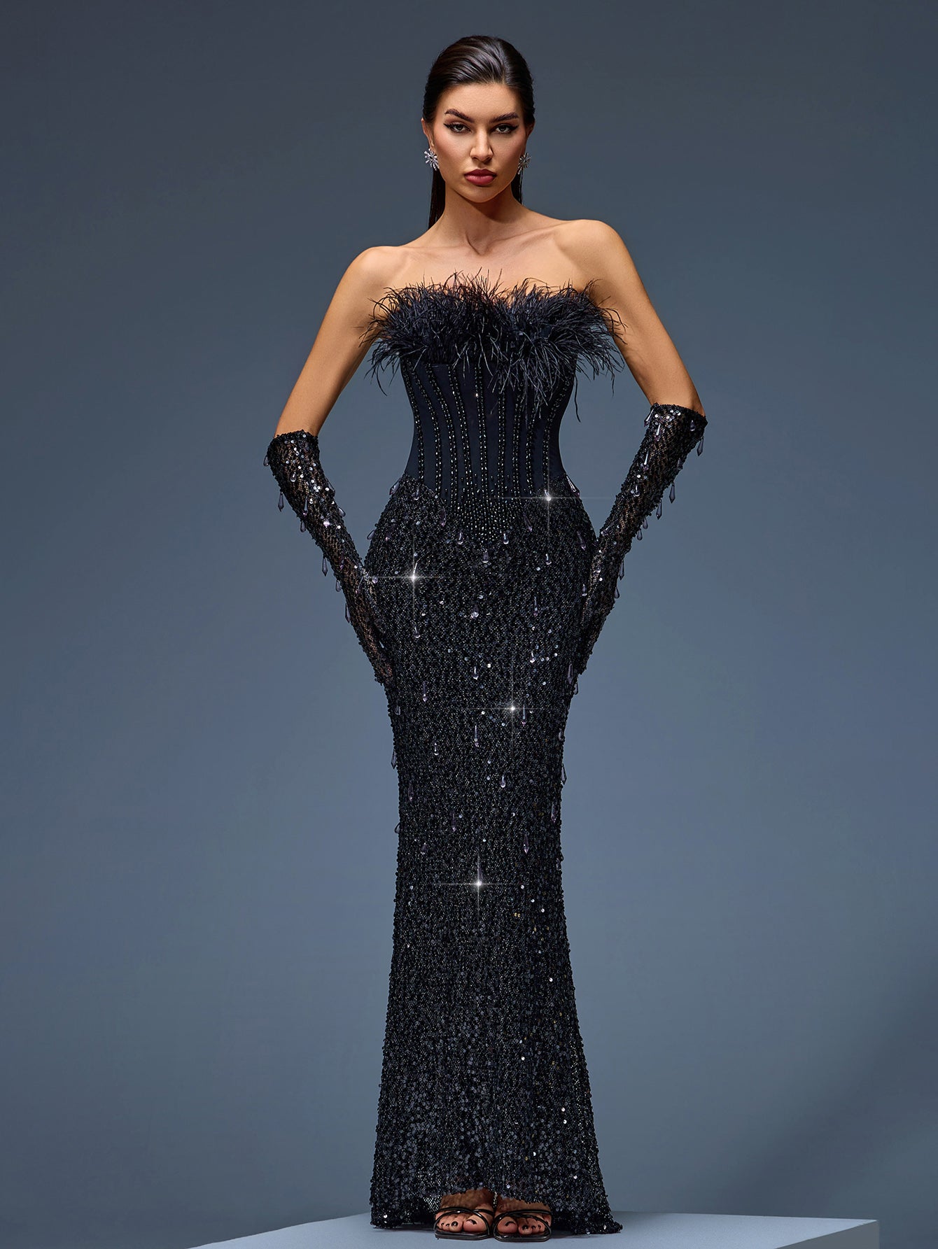 Feather Sequin Corset Evening Gown With Gloves