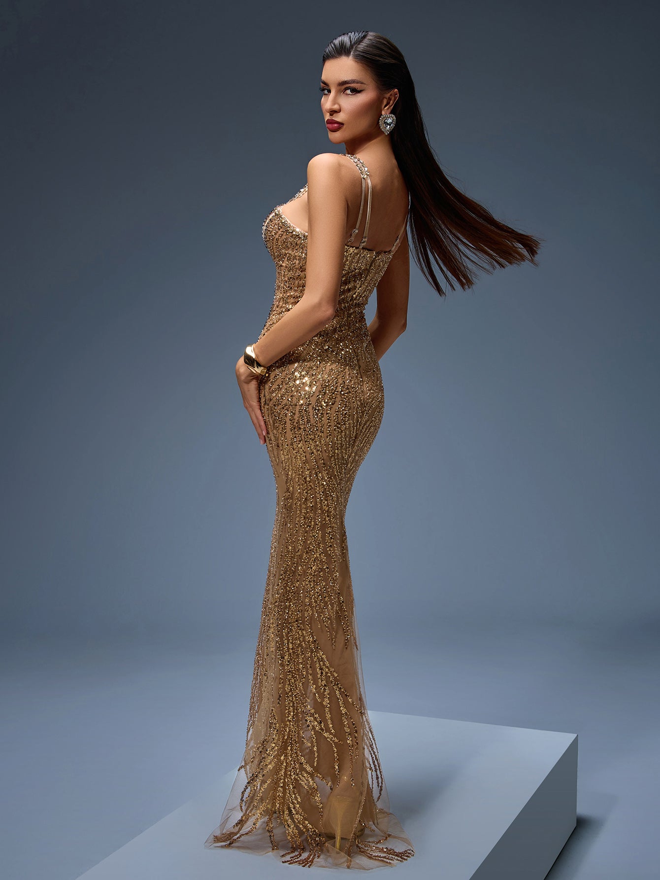 Heavy Crystal Embroidered Evening Dress