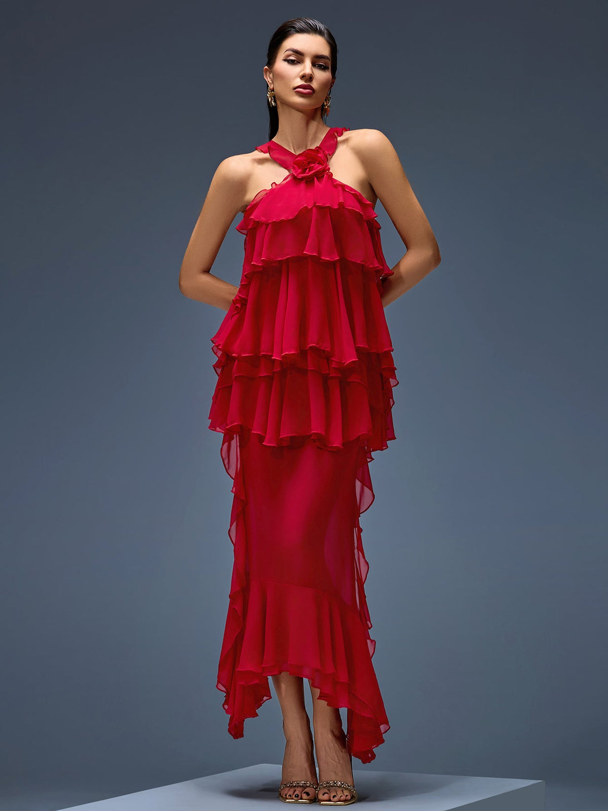 Halter Chiffon Ruffle Tiered Midi Dress, front view